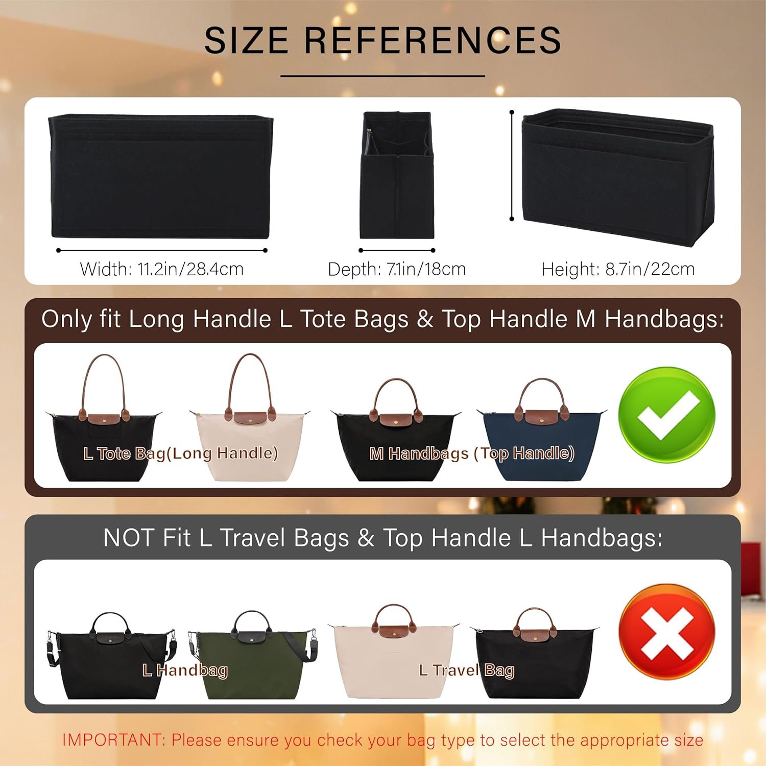 Purse Organizer Insert for Longchamp Le Pliage L Tote Bag, Felt Lightweight Long Champ Large Tote Divider Shaper with Cup Holder,Zipper Bags Inner Linner with 8 Deepened Pockets,L/Black - Image 2