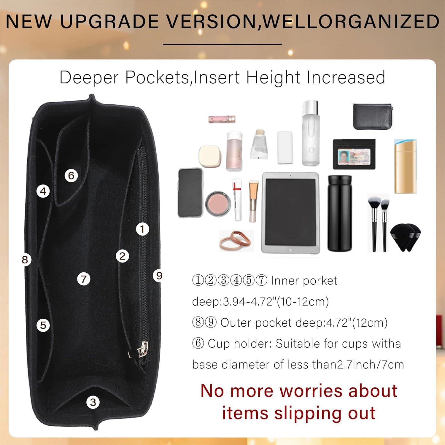 Purse Organizer Insert for Longchamp Le Pliage L Tote Bag, Felt Lightweight Long Champ Large Tote Divider Shaper with Cup Holder,Zipper Bags Inner Linner with 8 Deepened Pockets,L/Black - Image 3