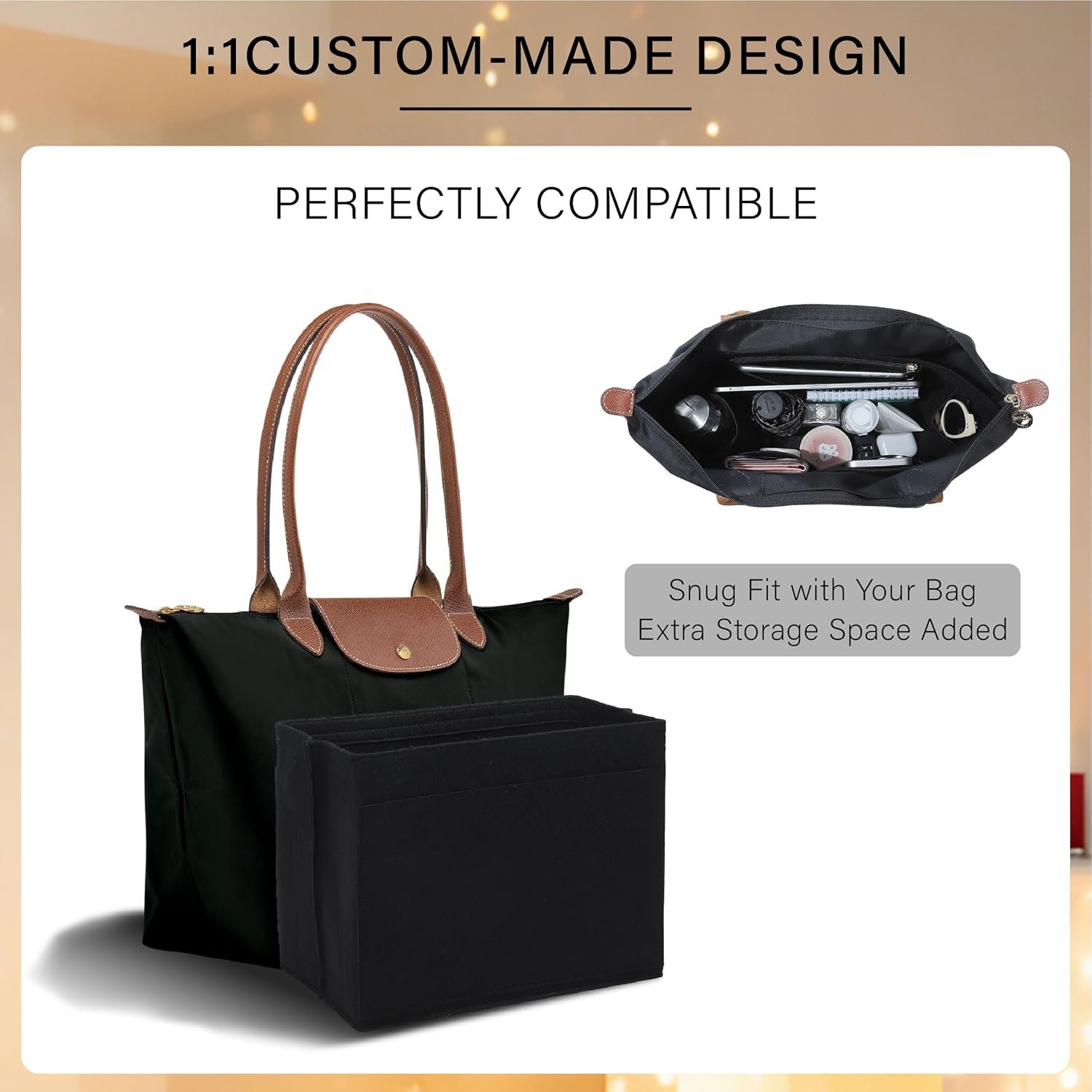 Purse Organizer Insert for Longchamp Le Pliage L Tote Bag, Felt Lightweight Long Champ Large Tote Divider Shaper with Cup Holder,Zipper Bags Inner Linner with 8 Deepened Pockets,L/Black - Image 6