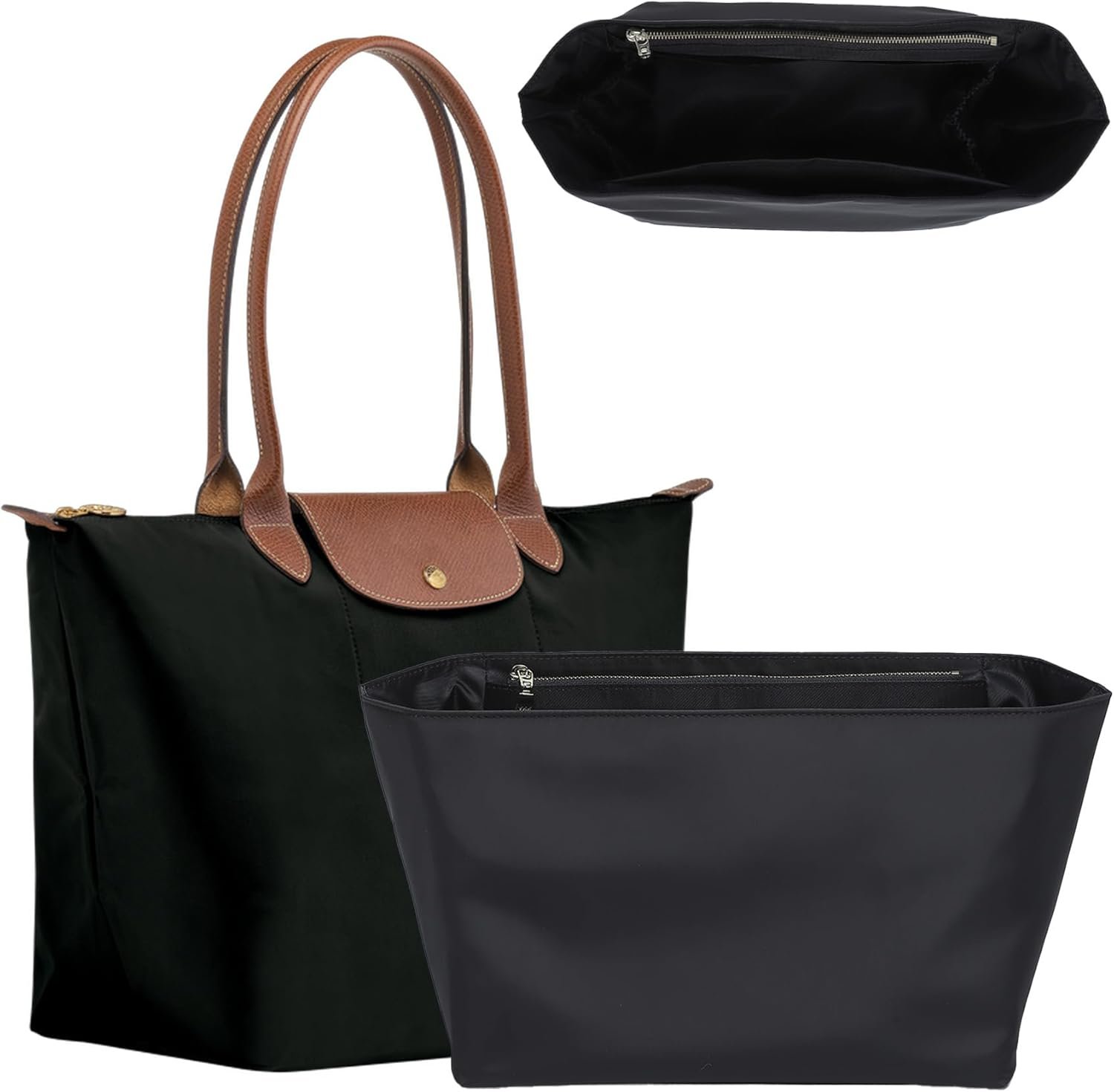 Soft Nylon Purse Organizer Insert for Longchamp Le Pliage L Tote Bag,Lightweight Luxury Long Champ Large Tote Divider Shaper with Cup Holder,Zipper Bags Inner Linner with 7 Deepened Pockets,L/Black