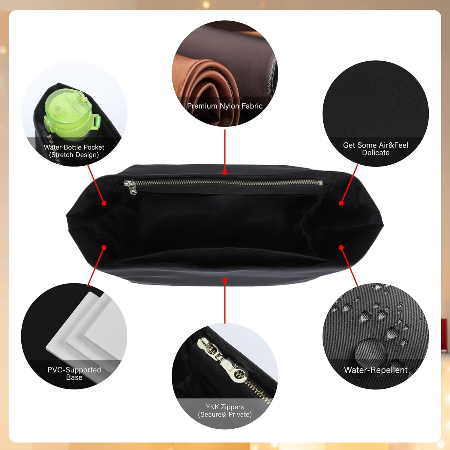 Soft Nylon Purse Organizer Insert for Longchamp Le Pliage L Tote Bag,Lightweight Luxury Long Champ Large Tote Divider Shaper with Cup Holder,Zipper Bags Inner Linner with 7 Deepened Pockets,L/Black - Image 3