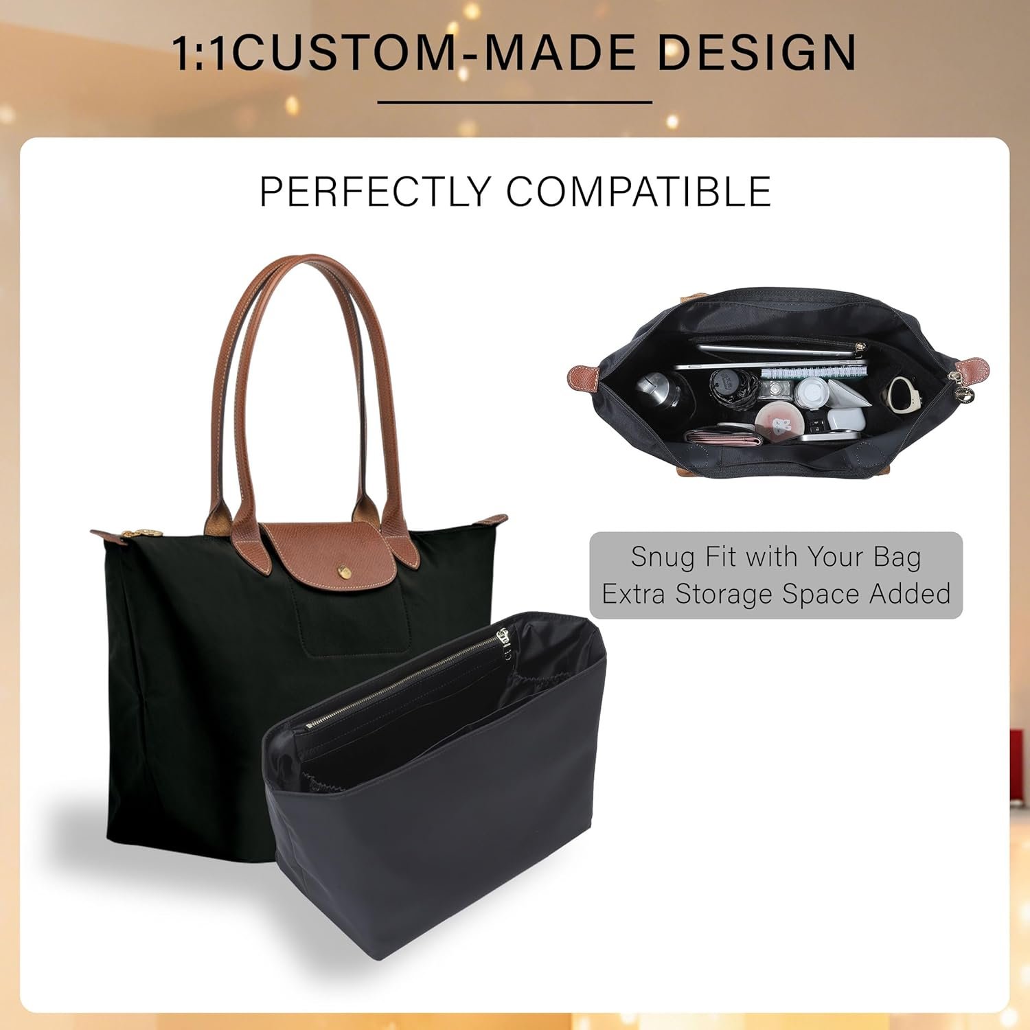 Soft Nylon Purse Organizer Insert for Longchamp Le Pliage L Tote Bag,Lightweight Luxury Long Champ Large Tote Divider Shaper with Cup Holder,Zipper Bags Inner Linner with 7 Deepened Pockets,L/Black - Image 7