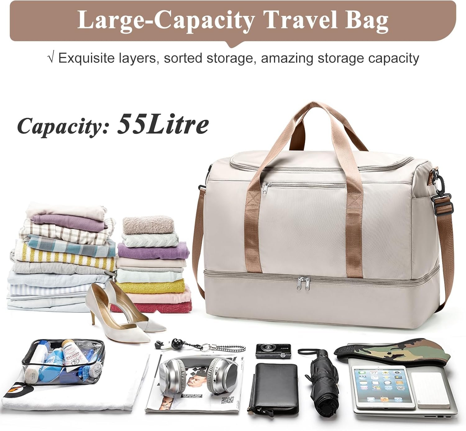 Extra Large Travel Duffle Bag,Carry on Overnight Weekend Bag with Shoes Compartment,Weekender Bags for Women for Travel Business Trips Sport Hospital - Image 3