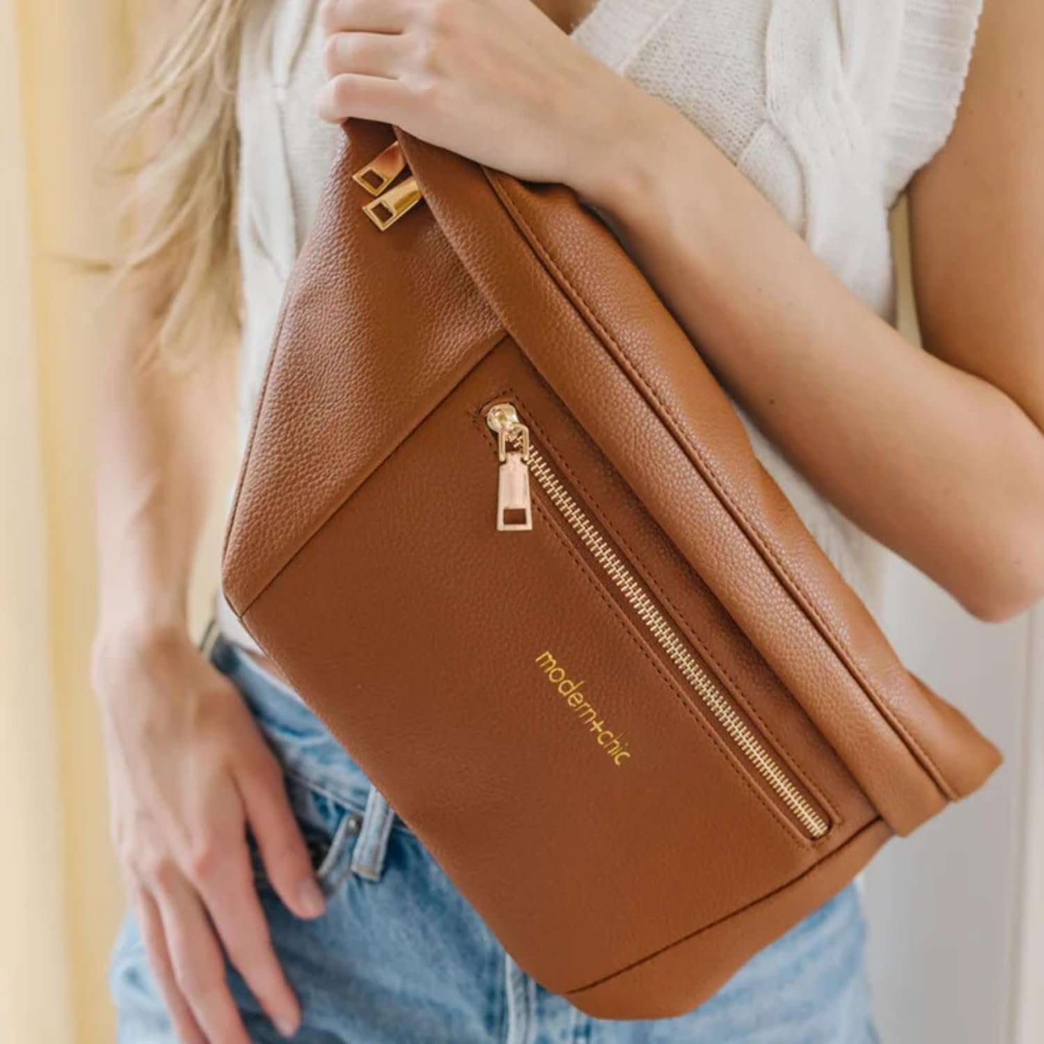 Modern+Chic Sling Bags for Women - Presley Oversized Sling Bag, Vegan Leather Crossbody Bag with Strap & Multiple Pockets (Camel) - Image 2