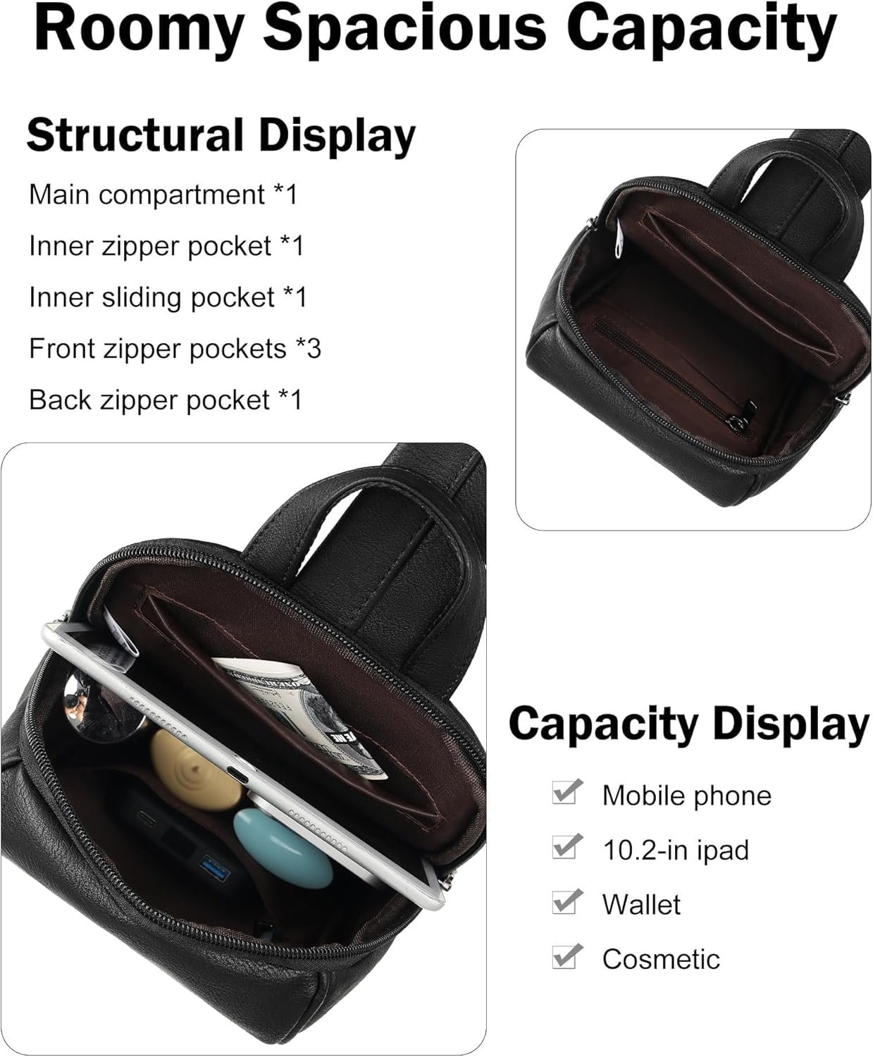FADEON Sling Bag for Women, Crossbody Backpack with Tassels, Designer Leather Shoulder Chest Bags for Travel - Image 2