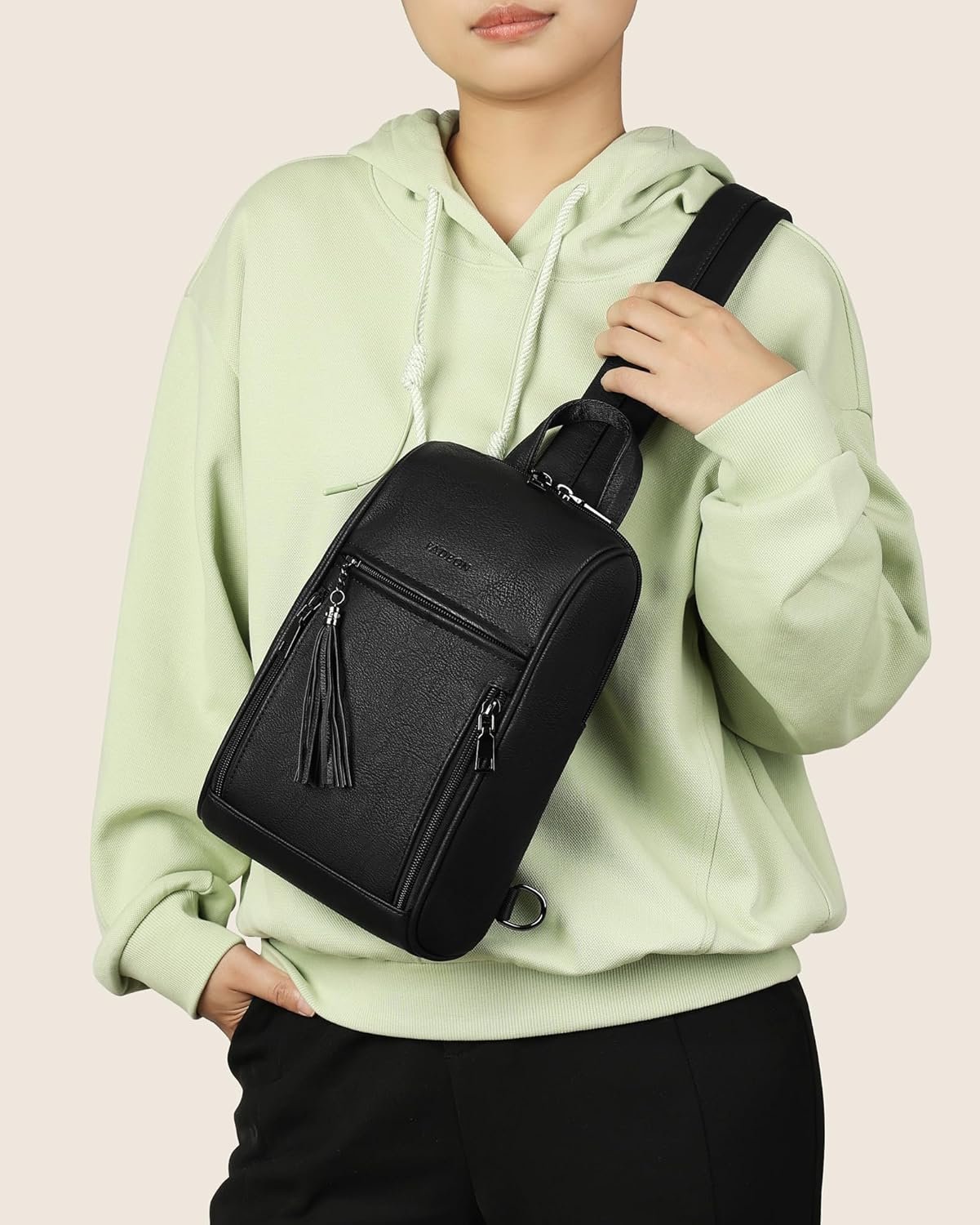 FADEON Sling Bag for Women, Crossbody Backpack with Tassels, Designer Leather Shoulder Chest Bags for Travel - Image 4