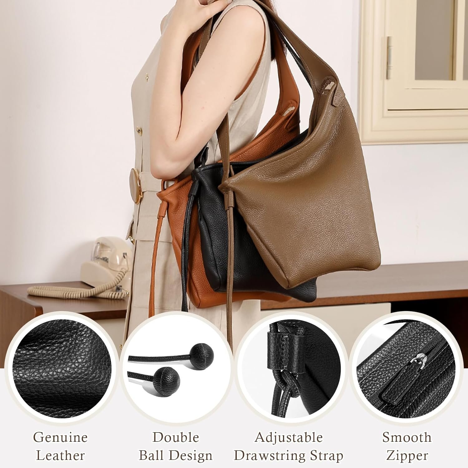 Hobo Bags for Women, Leather Tote Bag, Slouchy Shoulder Purse, Crossbody Handbags with Adjustable Strap - Image 3