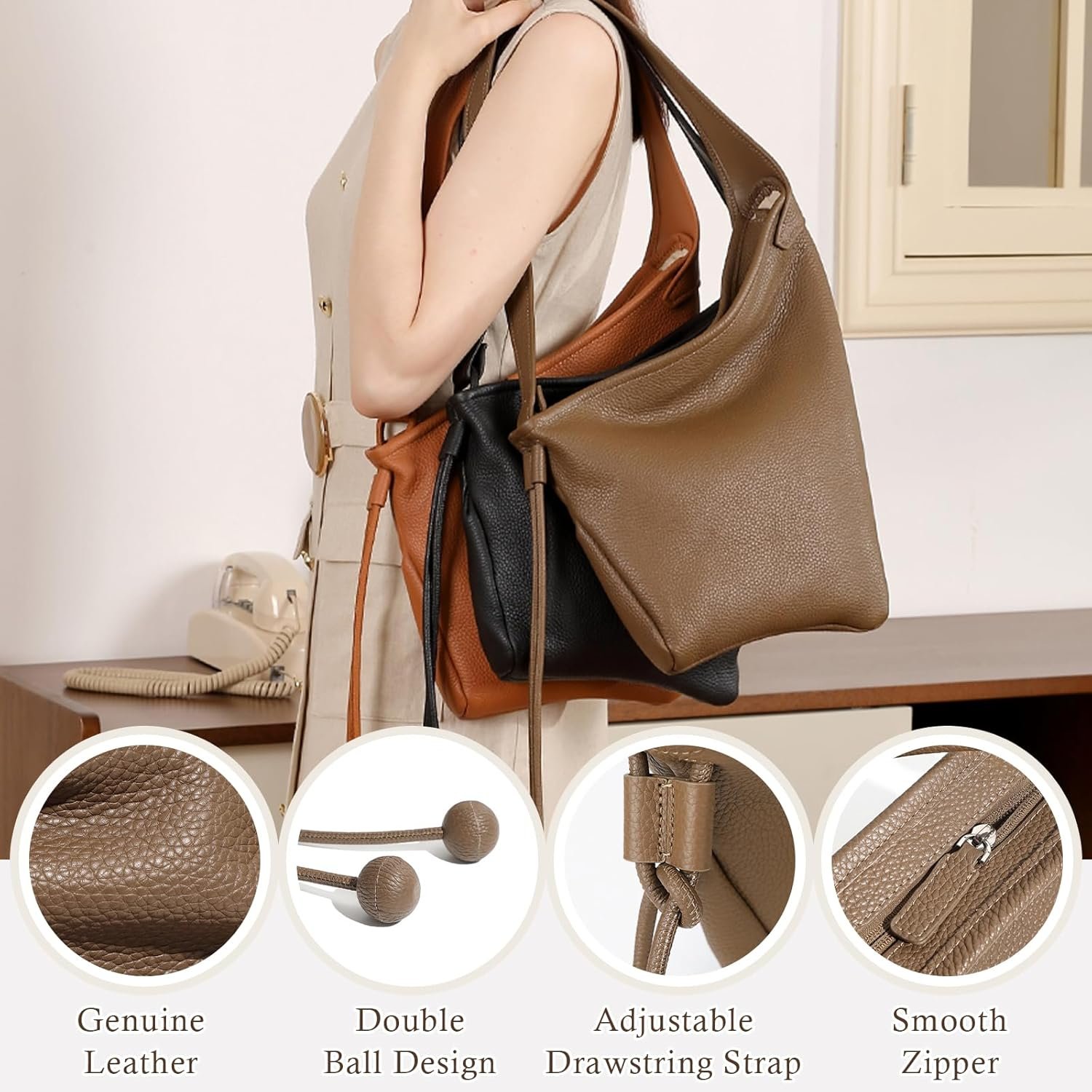 Hobo Bags for Women, Leather Tote Bag, Slouchy Shoulder Purse, Crossbody Handbags with Adjustable Strap - Image 3
