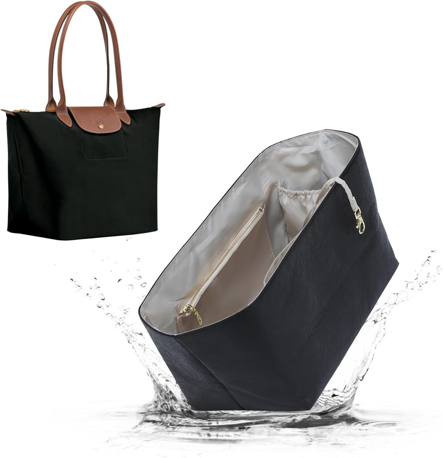 DupontPaper Purse Organizer Insert for Longchamp Le Pliage Large Tote Bag(Long Handle),Waterproof Lightweight Long Champ Tote Insert Handbag with Cup Holder,Key Chain,YKK Zipper,L/Black&White