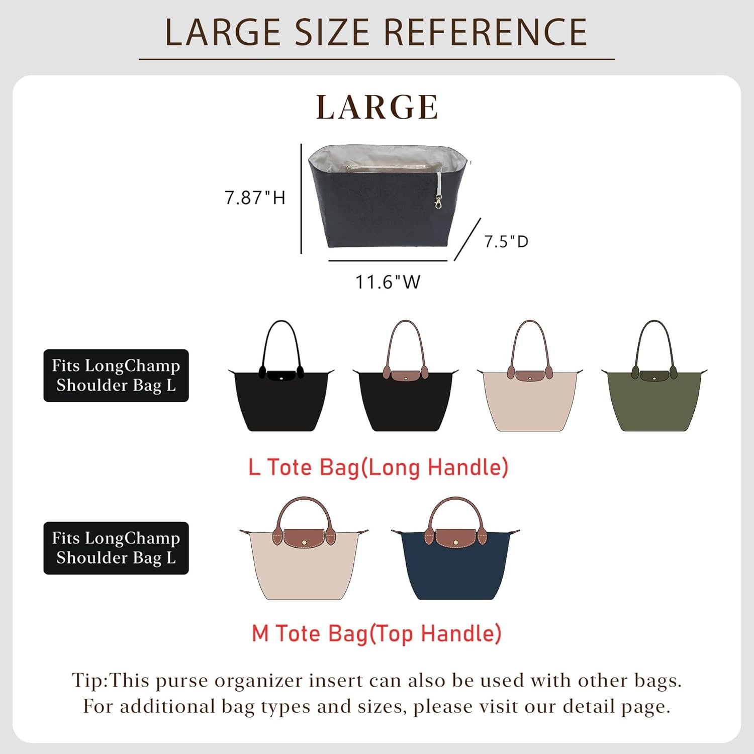 DupontPaper Purse Organizer Insert for Longchamp Le Pliage Large Tote Bag(Long Handle),Waterproof Lightweight Long Champ Tote Insert Handbag with Cup Holder,Key Chain,YKK Zipper,L/Black&White - Image 2
