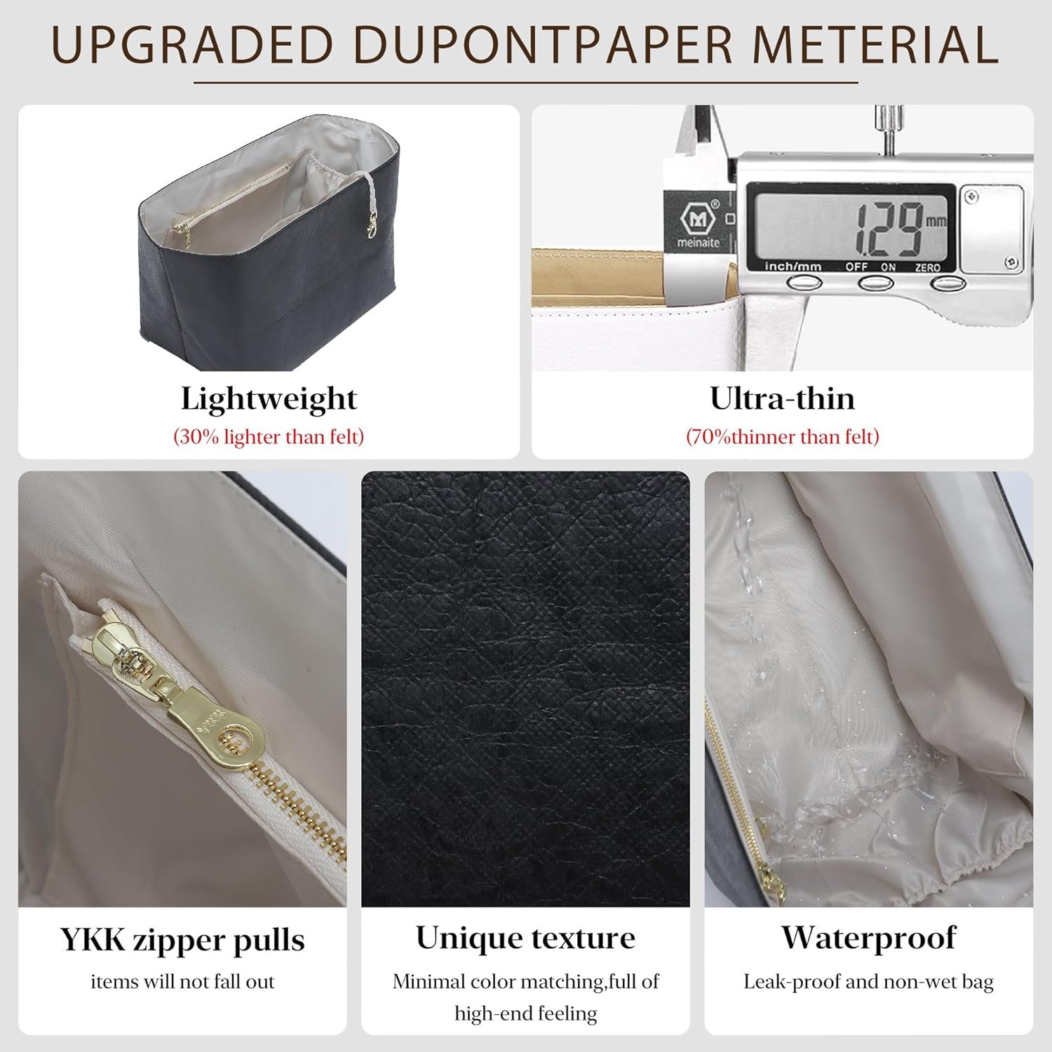 DupontPaper Purse Organizer Insert for Longchamp Le Pliage Large Tote Bag(Long Handle),Waterproof Lightweight Long Champ Tote Insert Handbag with Cup Holder,Key Chain,YKK Zipper,L/Black&White - Image 7