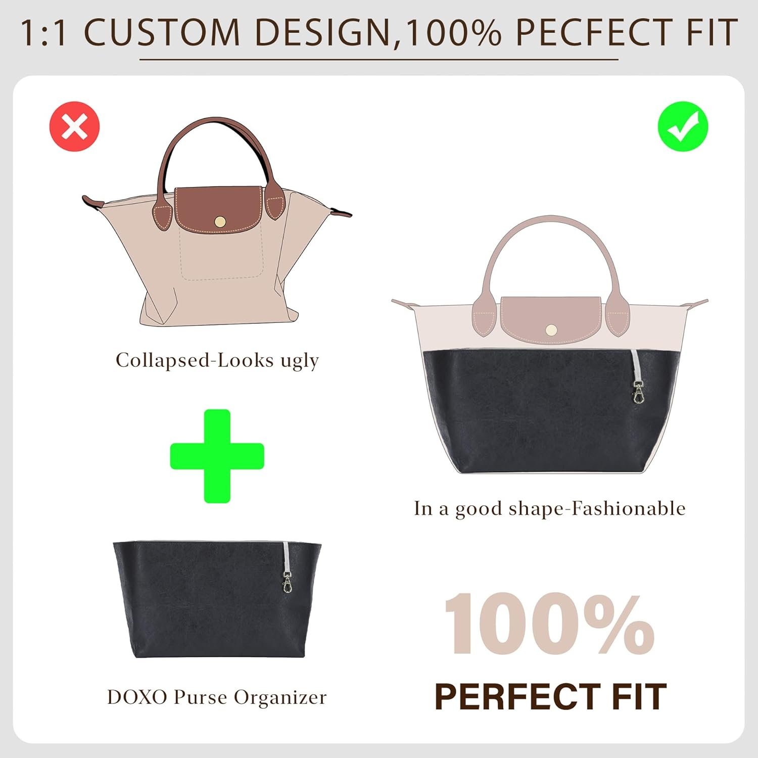 DupontPaper Purse Organizer Insert for Longchamp Le Pliage Large Tote Bag(Long Handle),Waterproof Lightweight Long Champ Tote Insert Handbag with Cup Holder,Key Chain,YKK Zipper,L/Black&White - Image 8