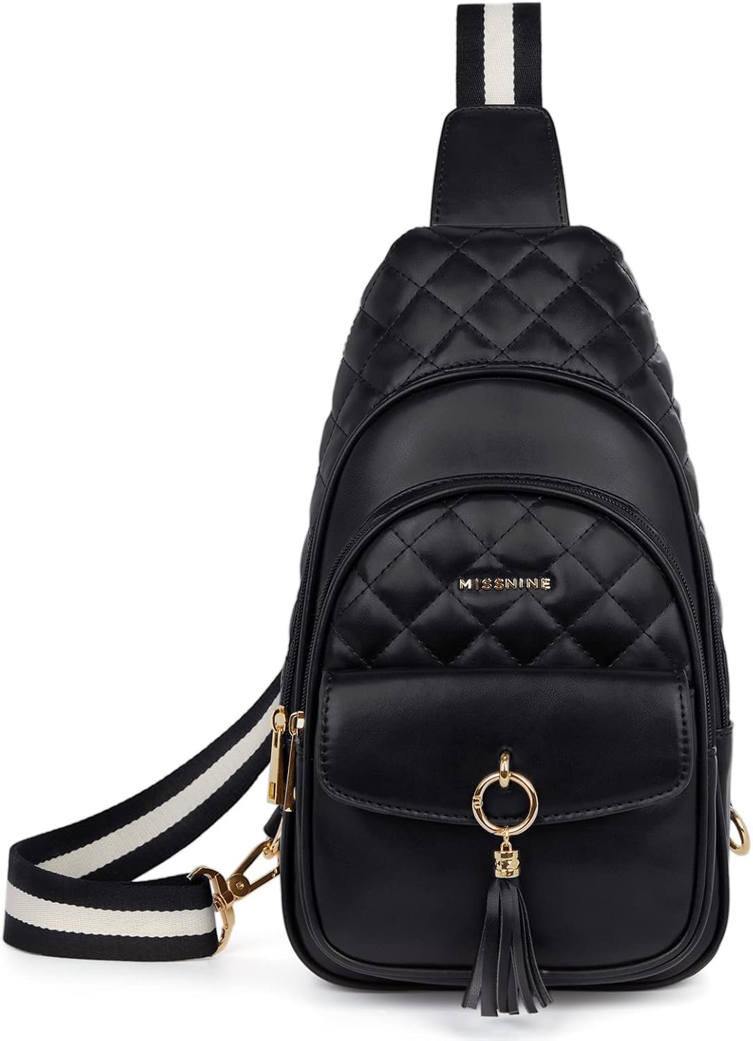 Missnine PU Leather Sling Bag for Women Quilted Chest Crossbody Trendy Travel Bag for Hiking Cycling with Tassel
