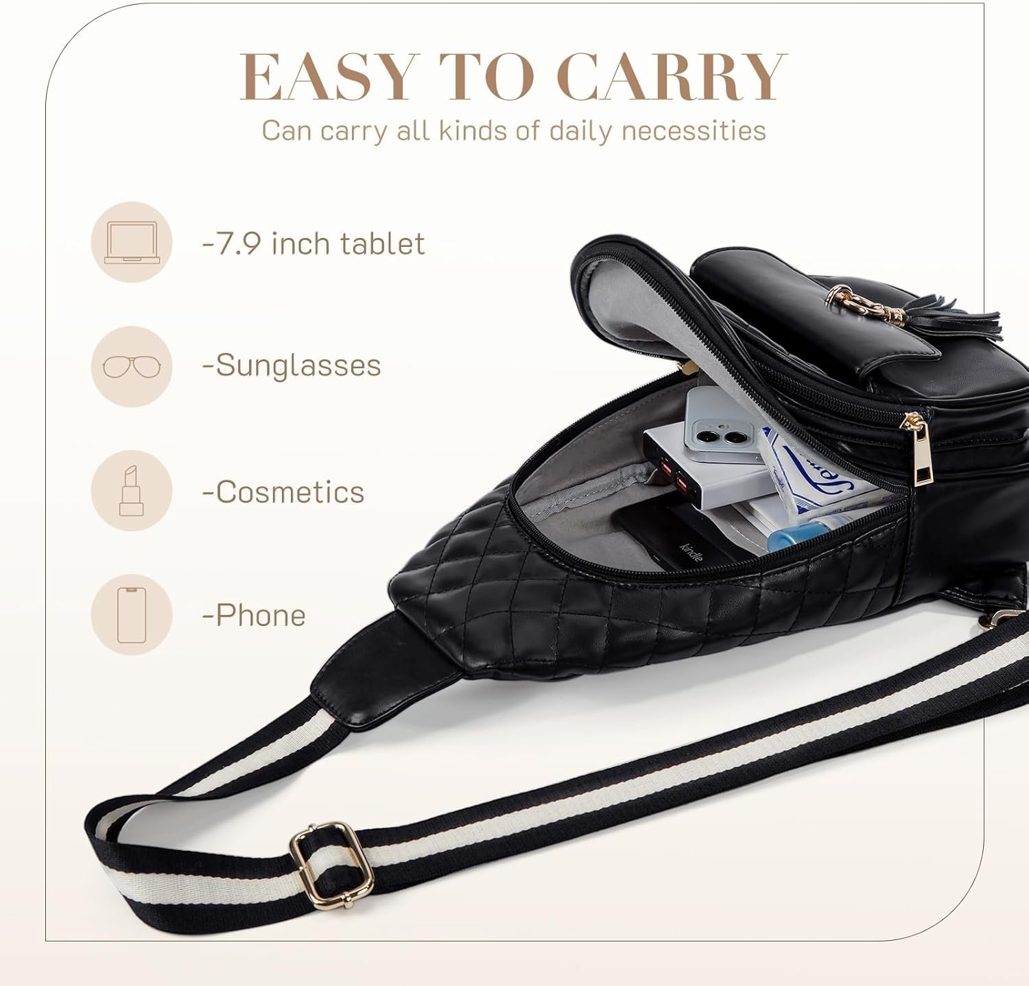Missnine PU Leather Sling Bag for Women Quilted Chest Crossbody Trendy Travel Bag for Hiking Cycling with Tassel - Image 2