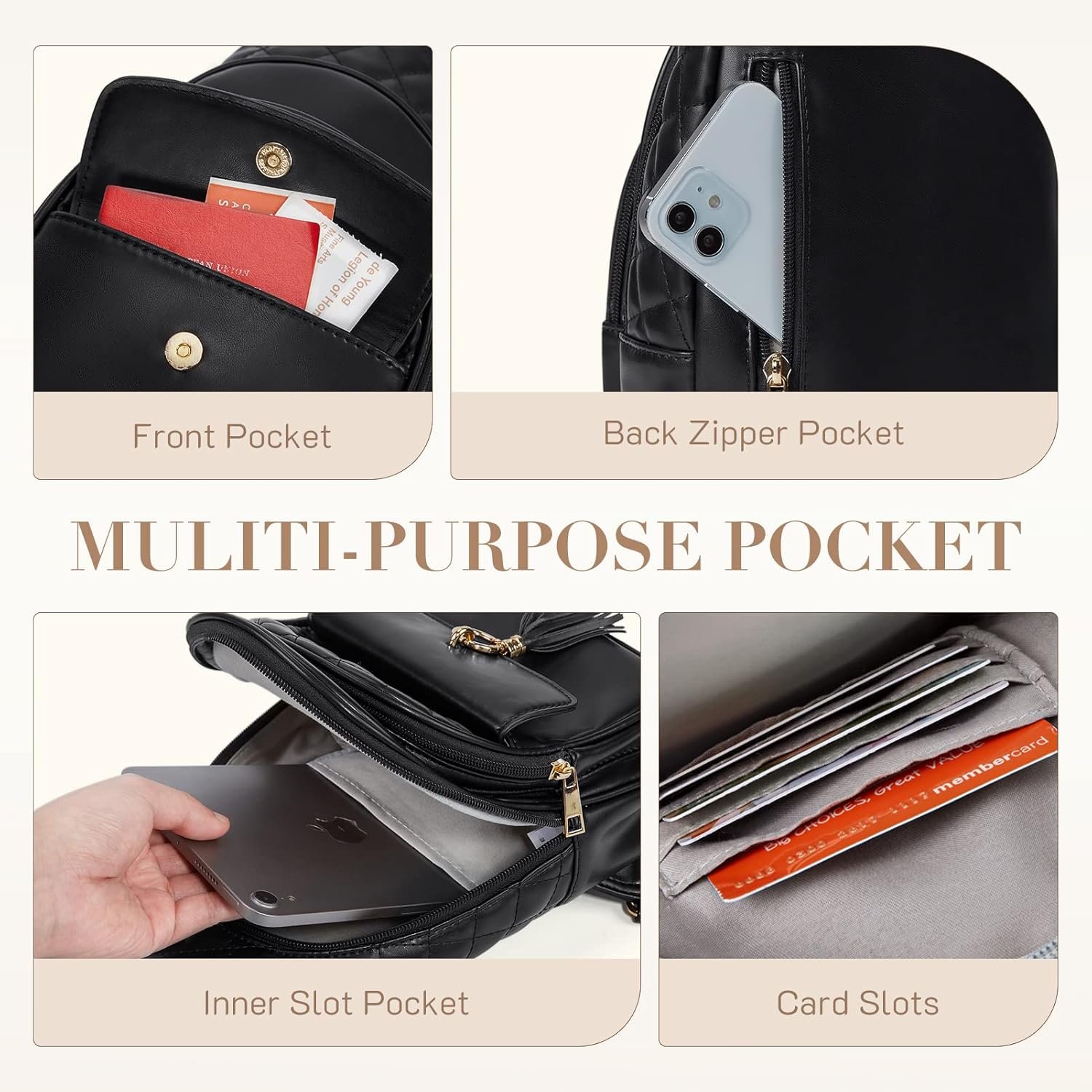 Missnine PU Leather Sling Bag for Women Quilted Chest Crossbody Trendy Travel Bag for Hiking Cycling with Tassel - Image 3