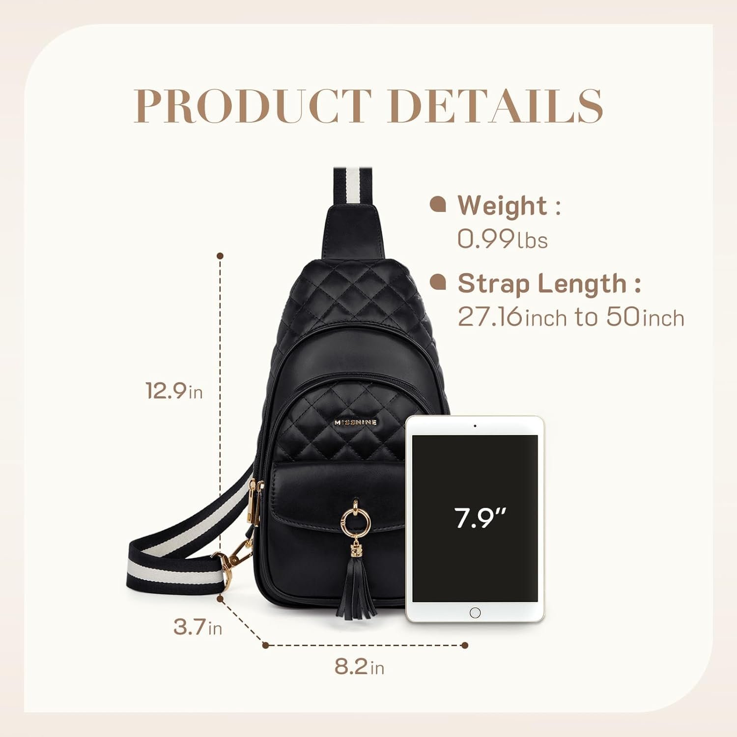 Missnine PU Leather Sling Bag for Women Quilted Chest Crossbody Trendy Travel Bag for Hiking Cycling with Tassel - Image 4