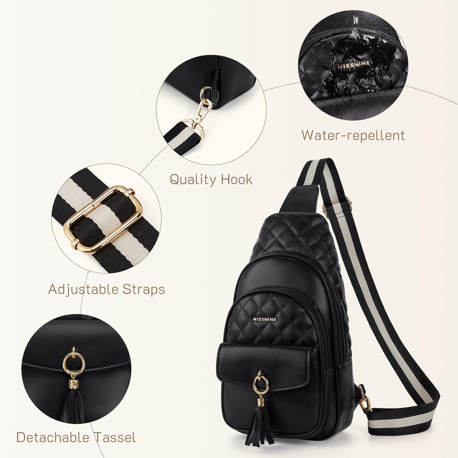 Missnine PU Leather Sling Bag for Women Quilted Chest Crossbody Trendy Travel Bag for Hiking Cycling with Tassel - Image 5