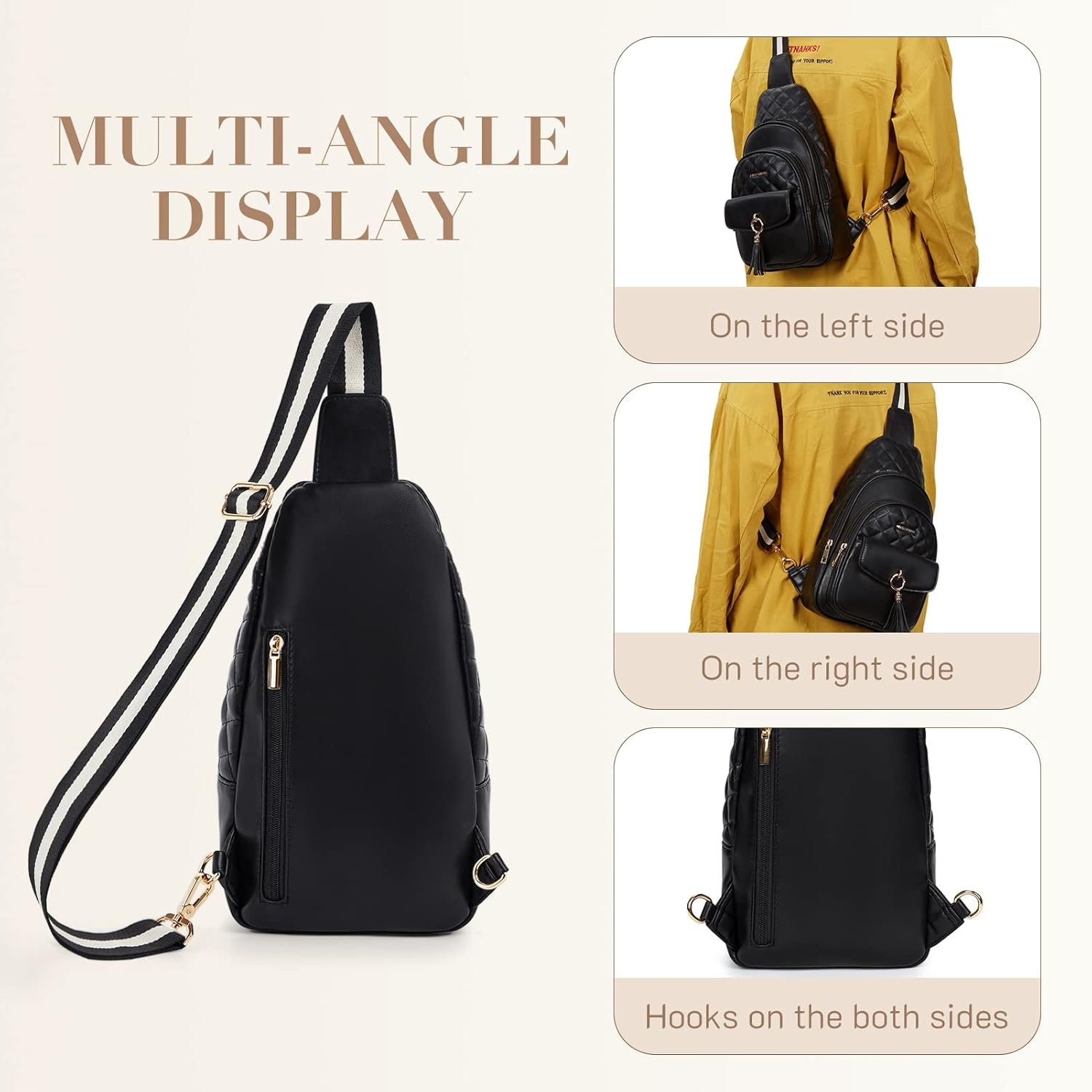 Missnine PU Leather Sling Bag for Women Quilted Chest Crossbody Trendy Travel Bag for Hiking Cycling with Tassel - Image 6