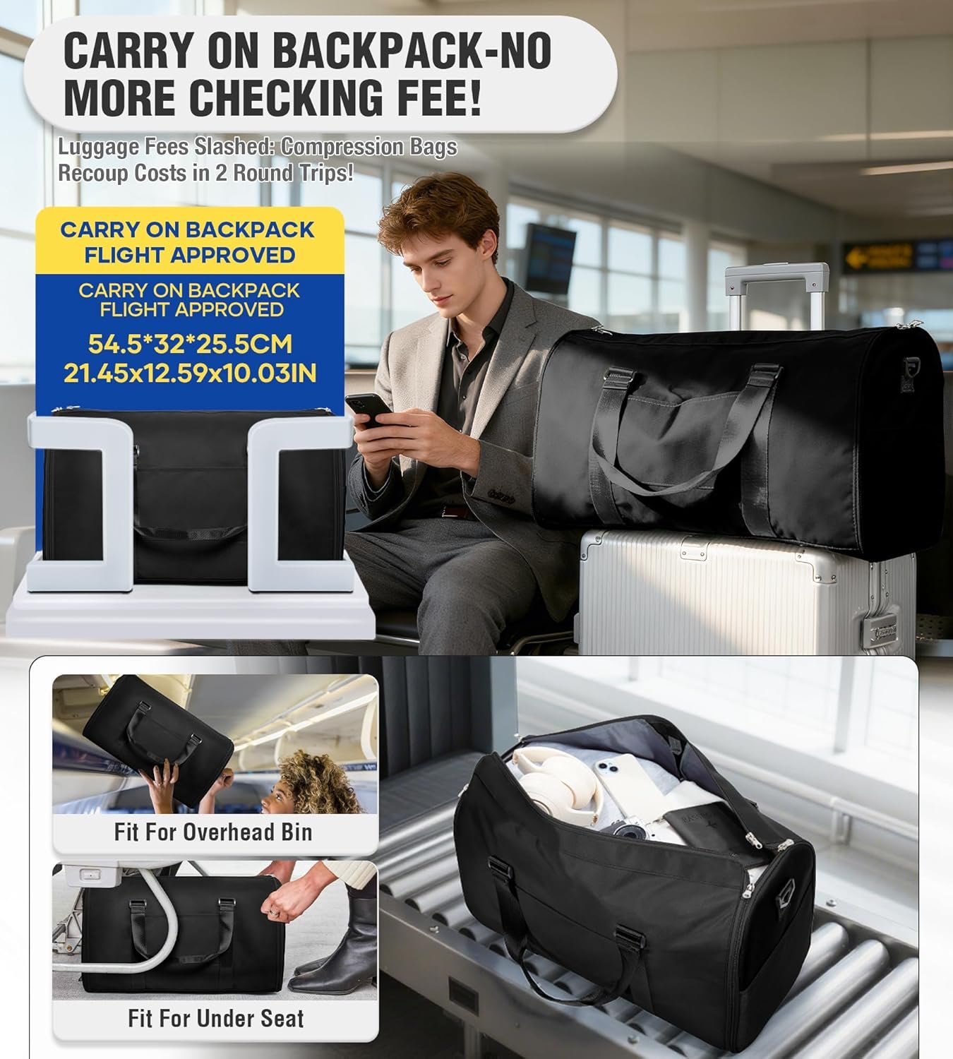 Convertible Garment Duffle Bags for Travel, Carry On Garment Bag for Women Men 2 in 1 Hanging Suit Bag, Large Weekender Bags for Business Trip Wedding Hanging Clothes Black - Image 2