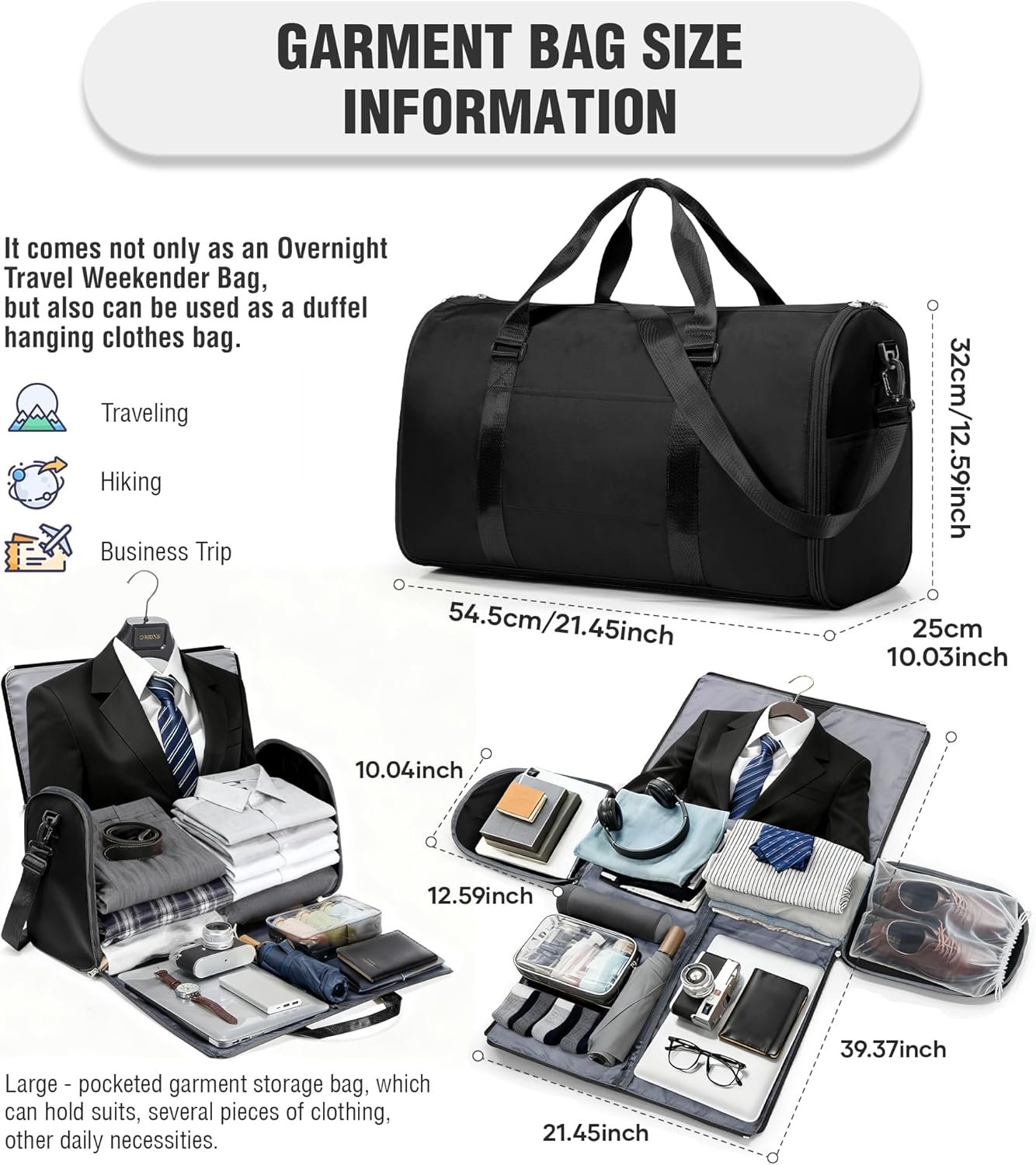 Convertible Garment Duffle Bags for Travel, Carry On Garment Bag for Women Men 2 in 1 Hanging Suit Bag, Large Weekender Bags for Business Trip Wedding Hanging Clothes Black - Image 3