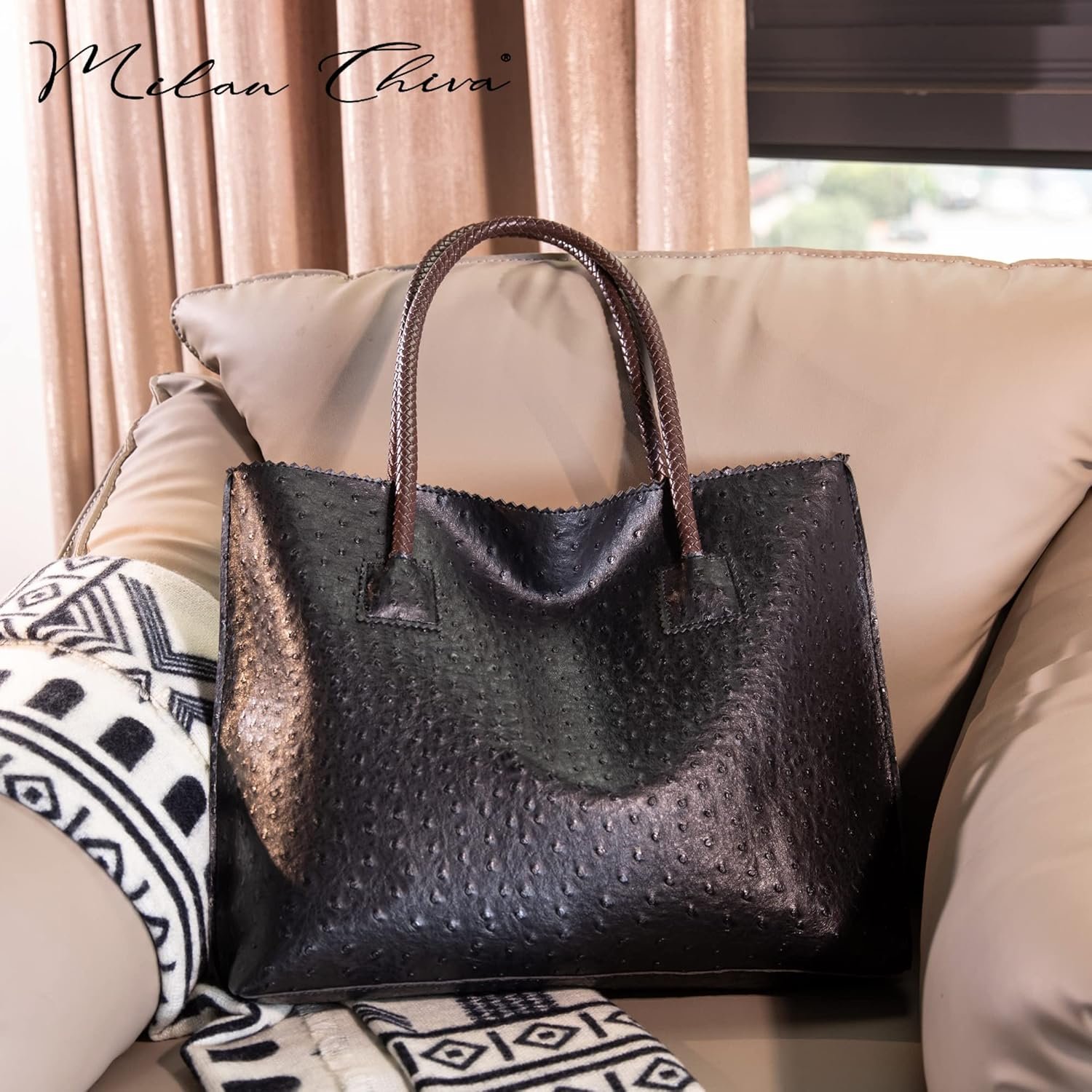 Milan Chiva Tote Bag for Women with Zipper Large Ostrich Vegan Leather Shoulder Purses and Handbags - Image 2