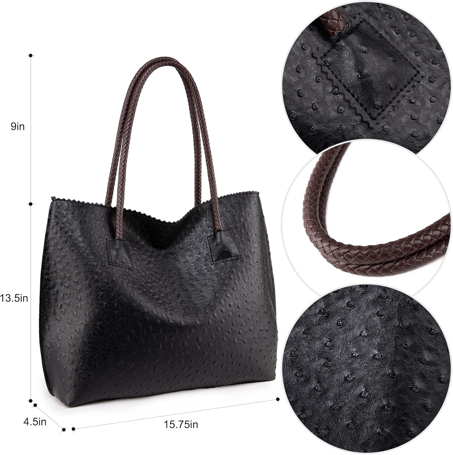 Milan Chiva Tote Bag for Women with Zipper Large Ostrich Vegan Leather Shoulder Purses and Handbags - Image 4