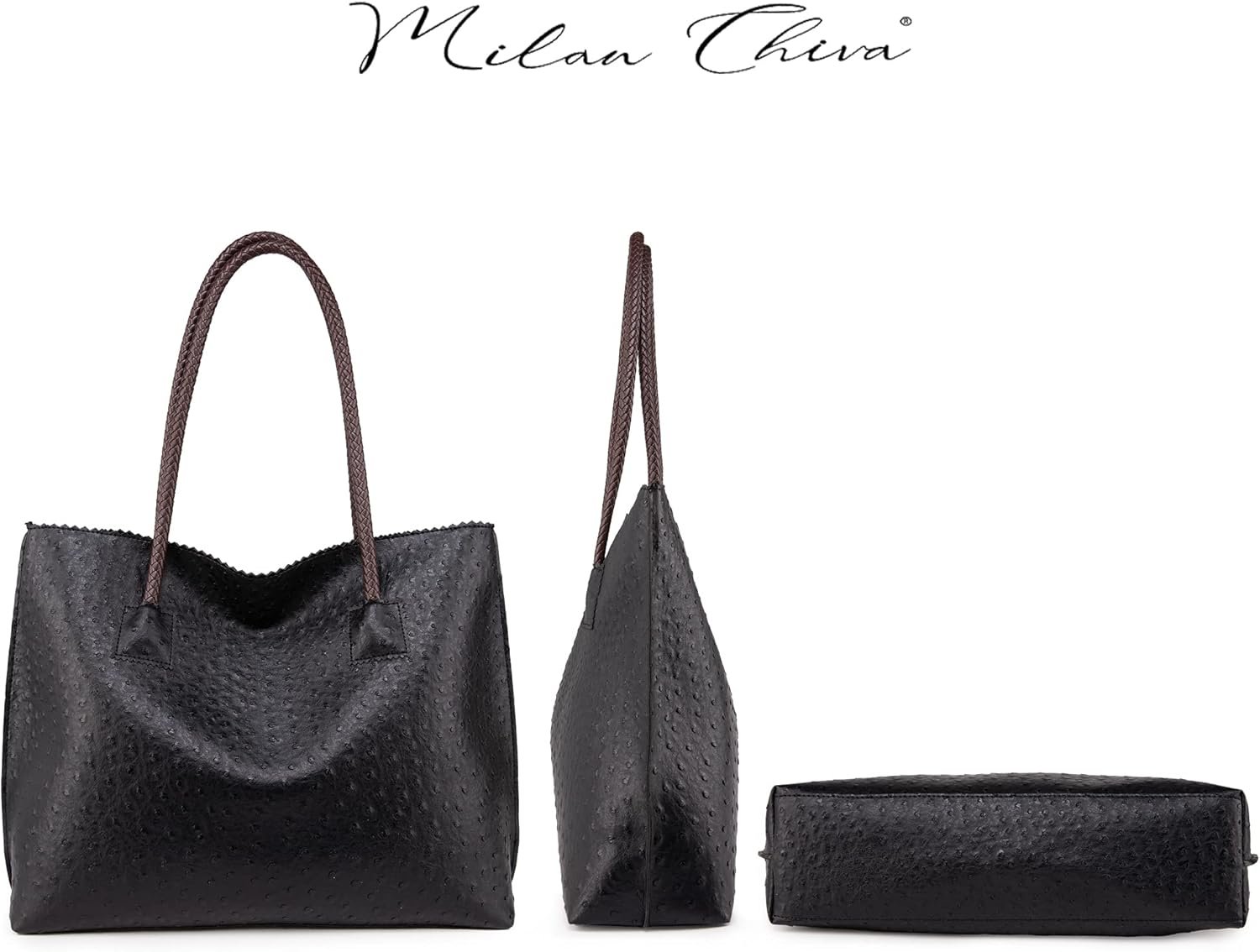 Milan Chiva Tote Bag for Women with Zipper Large Ostrich Vegan Leather Shoulder Purses and Handbags - Image 6