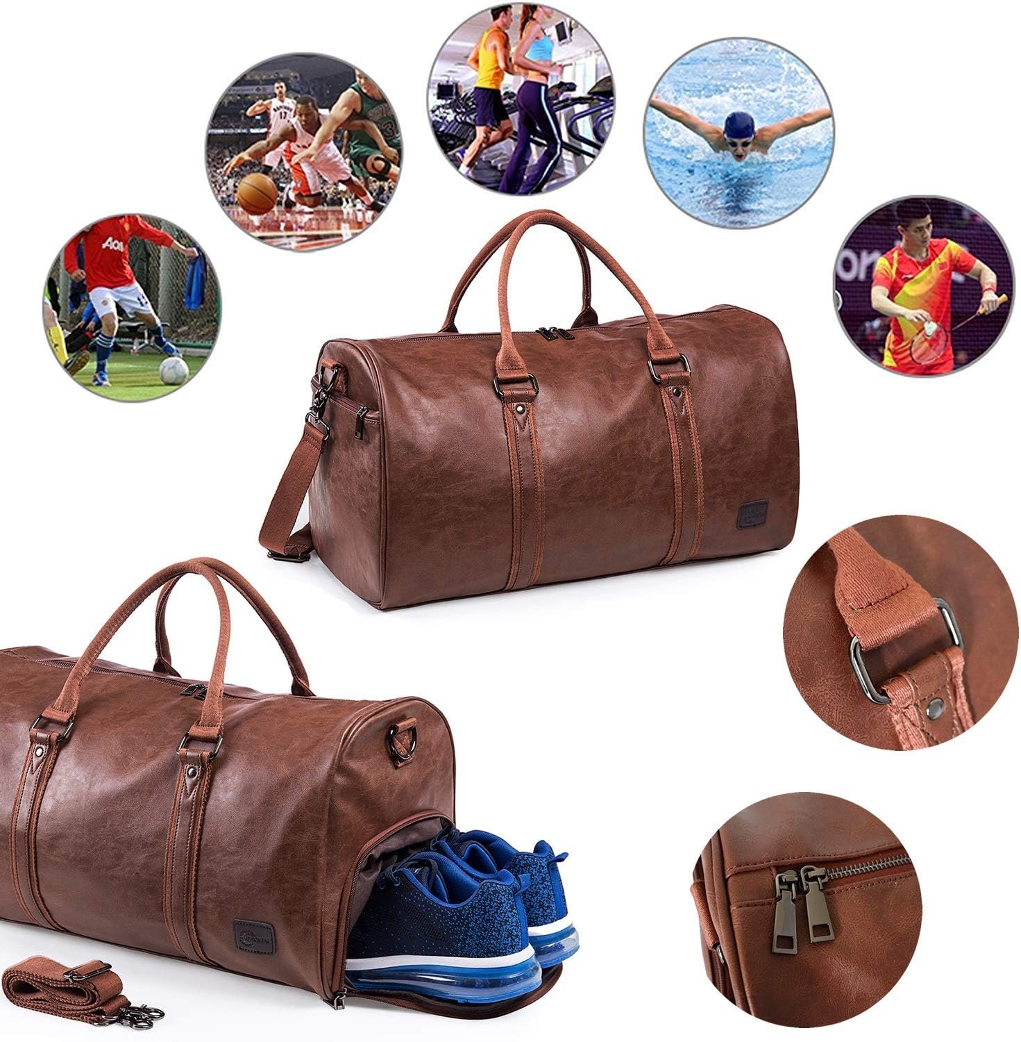 Leather Travel Bag with Shoe Pouch, Waterproof Weekender Overnight Bag,Carry On Duffel Bag for Men Women-Brown - Image 2