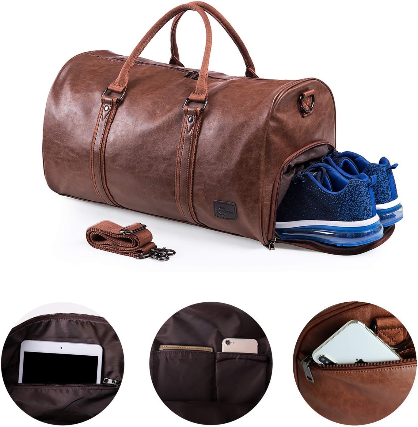 Leather Travel Bag with Shoe Pouch, Waterproof Weekender Overnight Bag,Carry On Duffel Bag for Men Women-Brown - Image 4