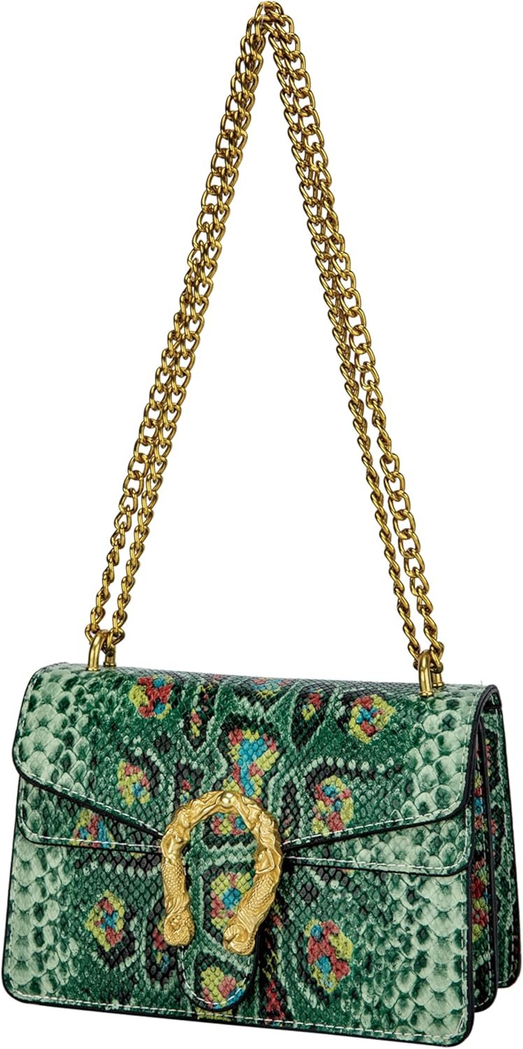 Leather Shoulder Bag Chain Purse for Women - Fashion Crossbody Bags Vintage Snake Print Underarm Bag Square Satchel Handbag