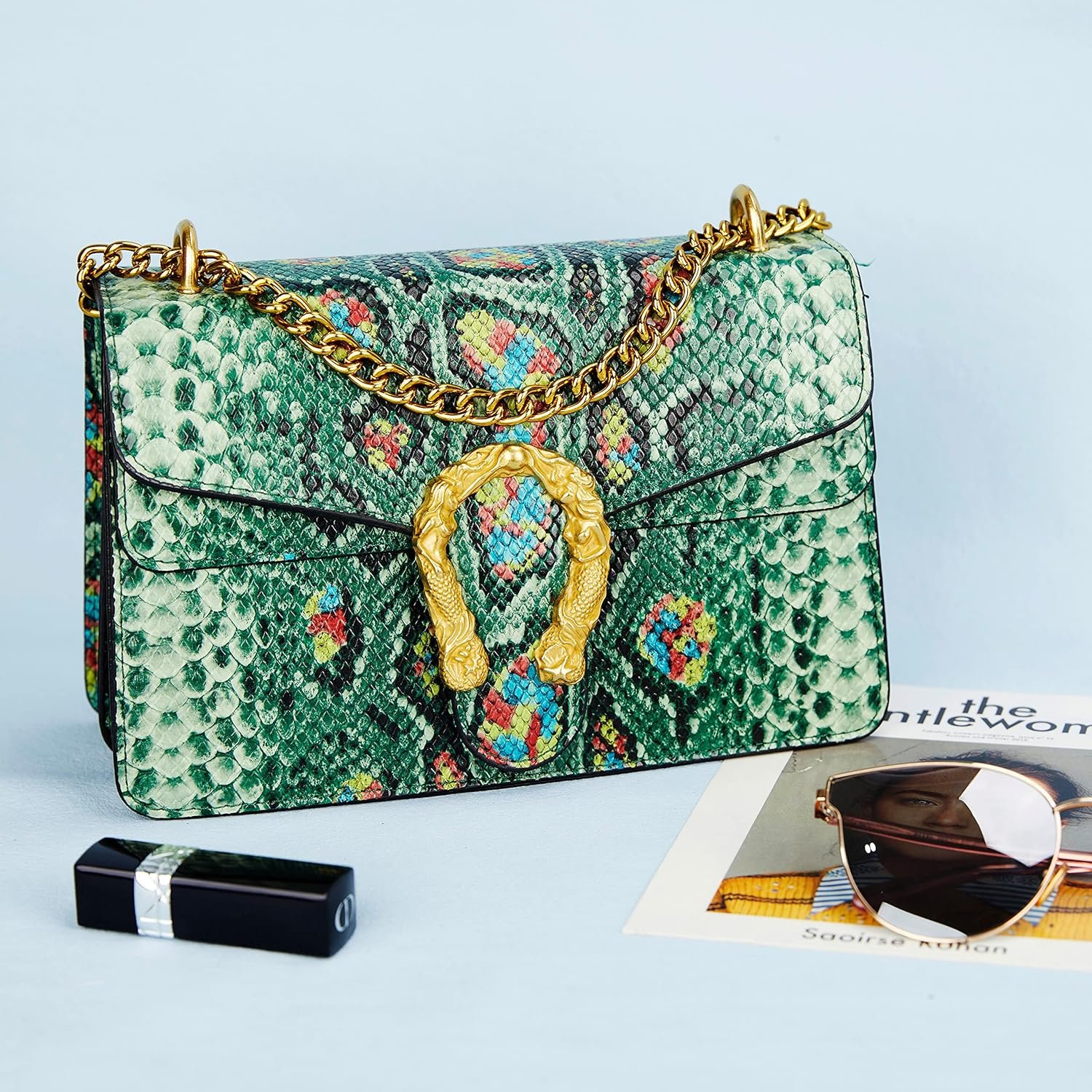 Leather Shoulder Bag Chain Purse for Women - Fashion Crossbody Bags Vintage Snake Print Underarm Bag Square Satchel Handbag - Image 2