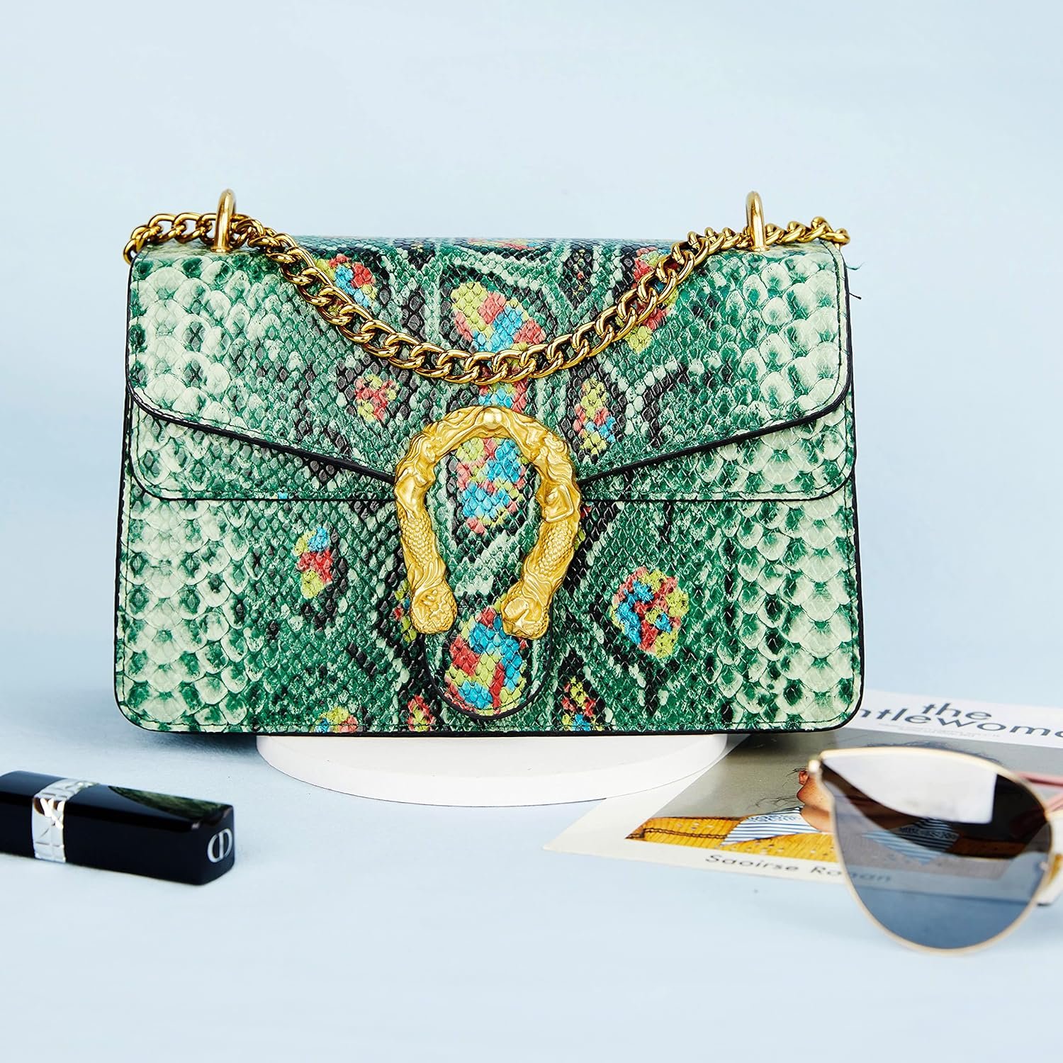 Leather Shoulder Bag Chain Purse for Women - Fashion Crossbody Bags Vintage Snake Print Underarm Bag Square Satchel Handbag - Image 7