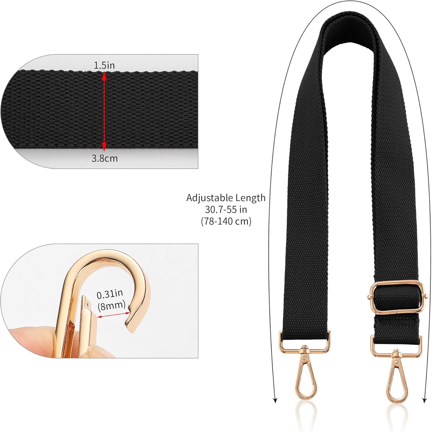 Wide Purse Strap Replacement Crossbody Shoulder Bag, Universal Adjustable Straps for Bags, Gold Buckle - Black - Image 5