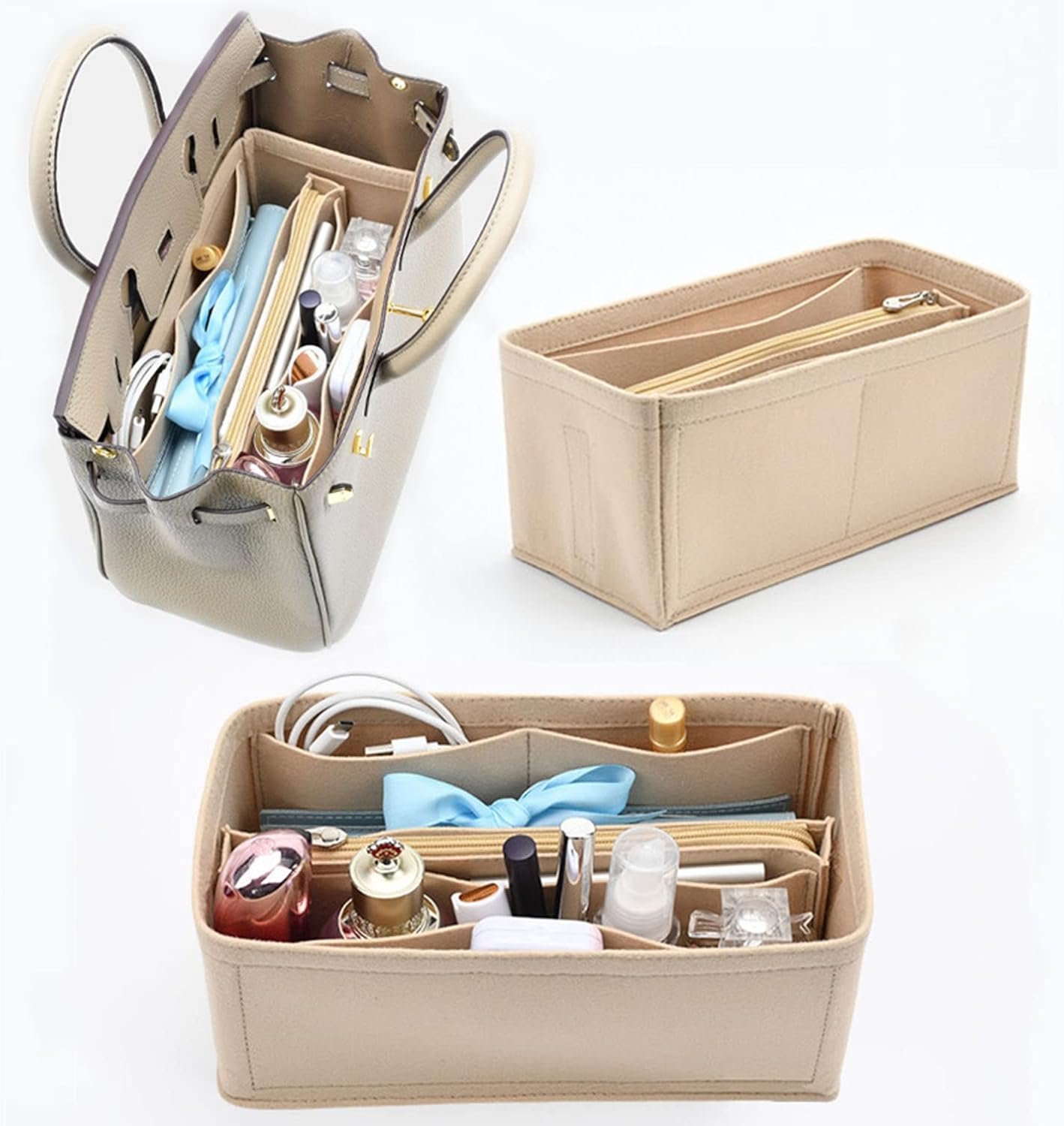 Lckaey Purse Organizer for Hermes birkin bag 30 Felt organizer insert Y013M Pull beige-M - Image 3