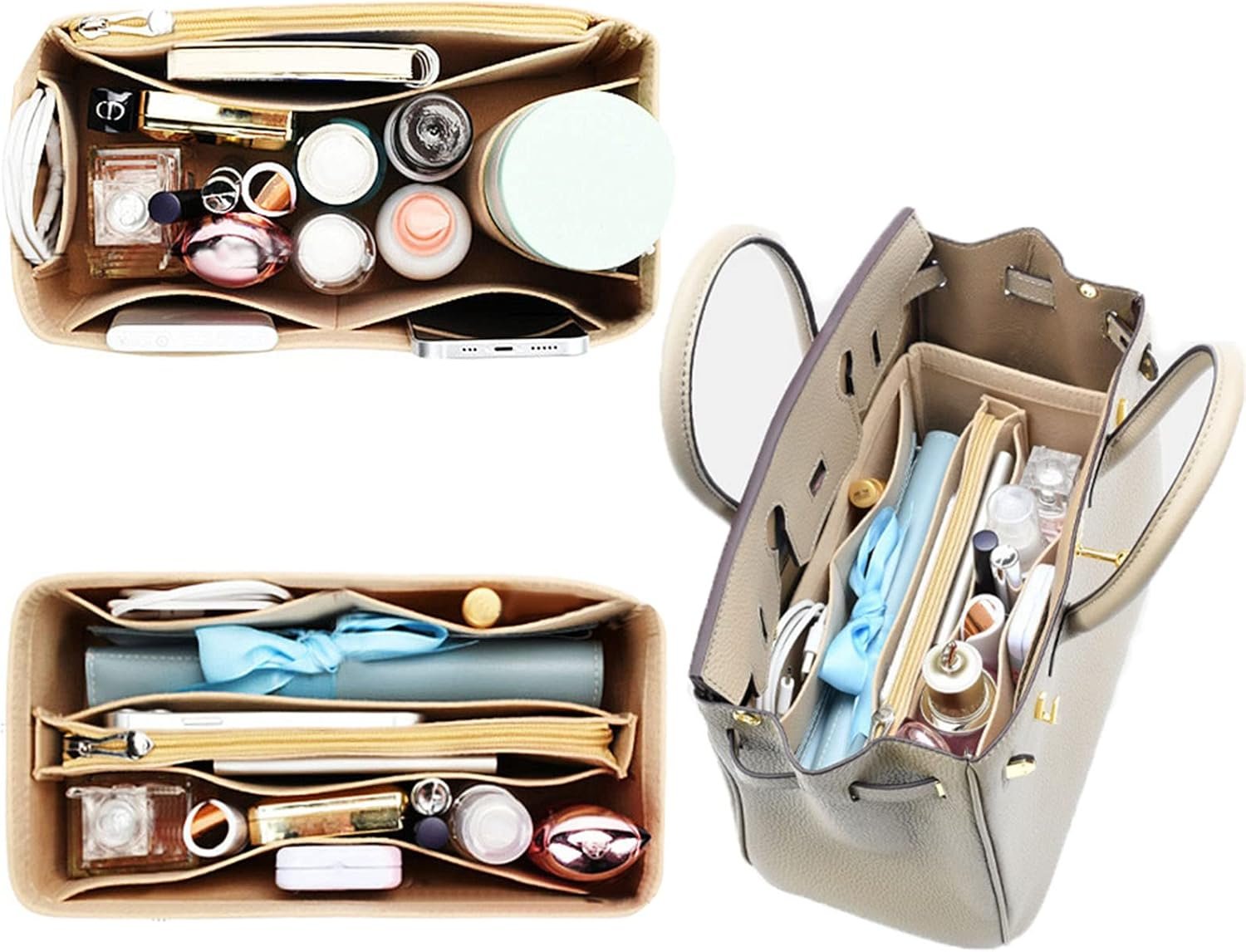 Lckaey Purse Organizer for Hermes birkin bag 30 Felt organizer insert Y013M Pull beige-M - Image 2