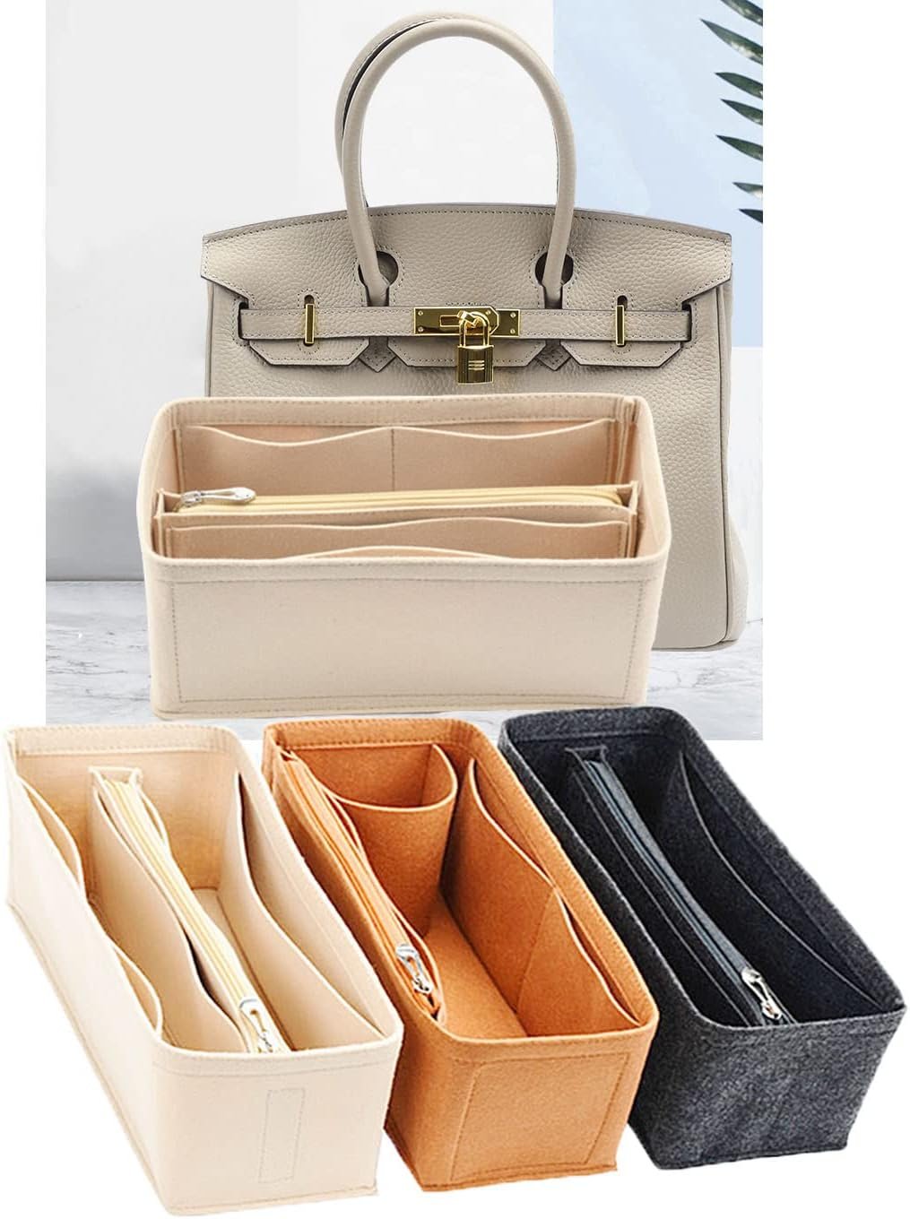 Lckaey Purse Organizer for Hermes birkin bag 30 Felt organizer insert Y013M Pull beige-M - Image 4