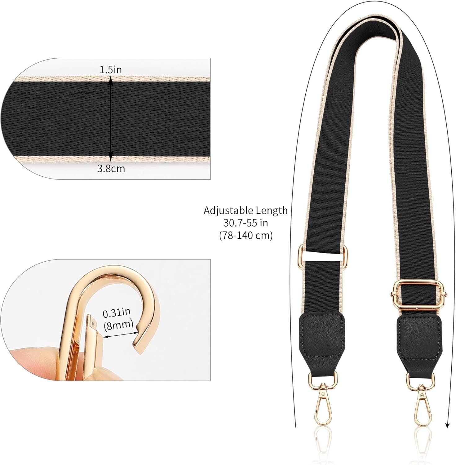 Purse Straps Replacement Crossbody, Universal Wide Shoulder Strap for Bags Adjustable Straps for Handbags, Gold Buckle - Black - Image 5