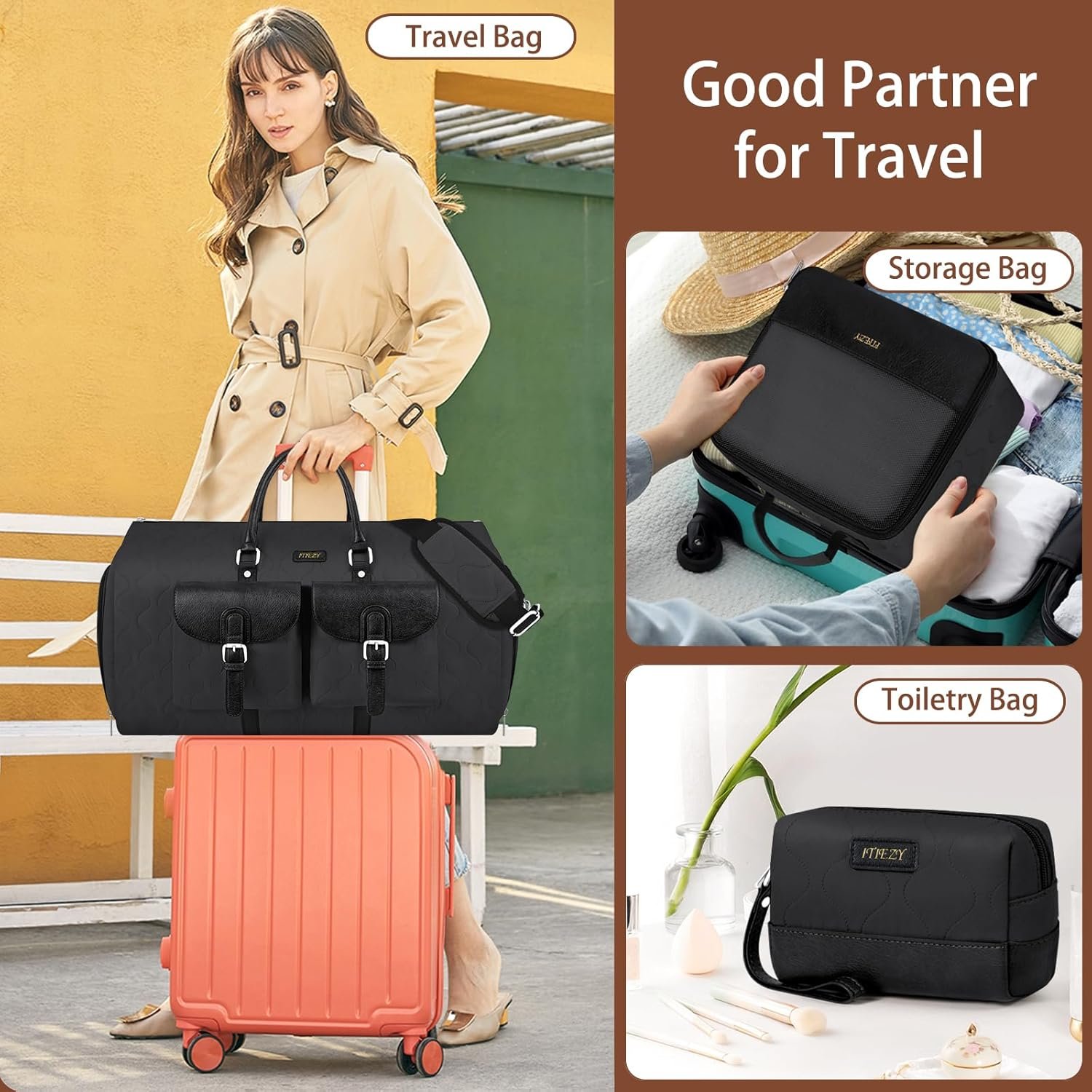 Garment Duffel Bag for Travel - ITIEZY Convertible Carry on Garment Duffel Travel Bag for Women Men Large Weekender Bag with Shoes Pouch 2 in 1 Hanging Suit Travel Duffel Bag 3pcs Set - Image 2