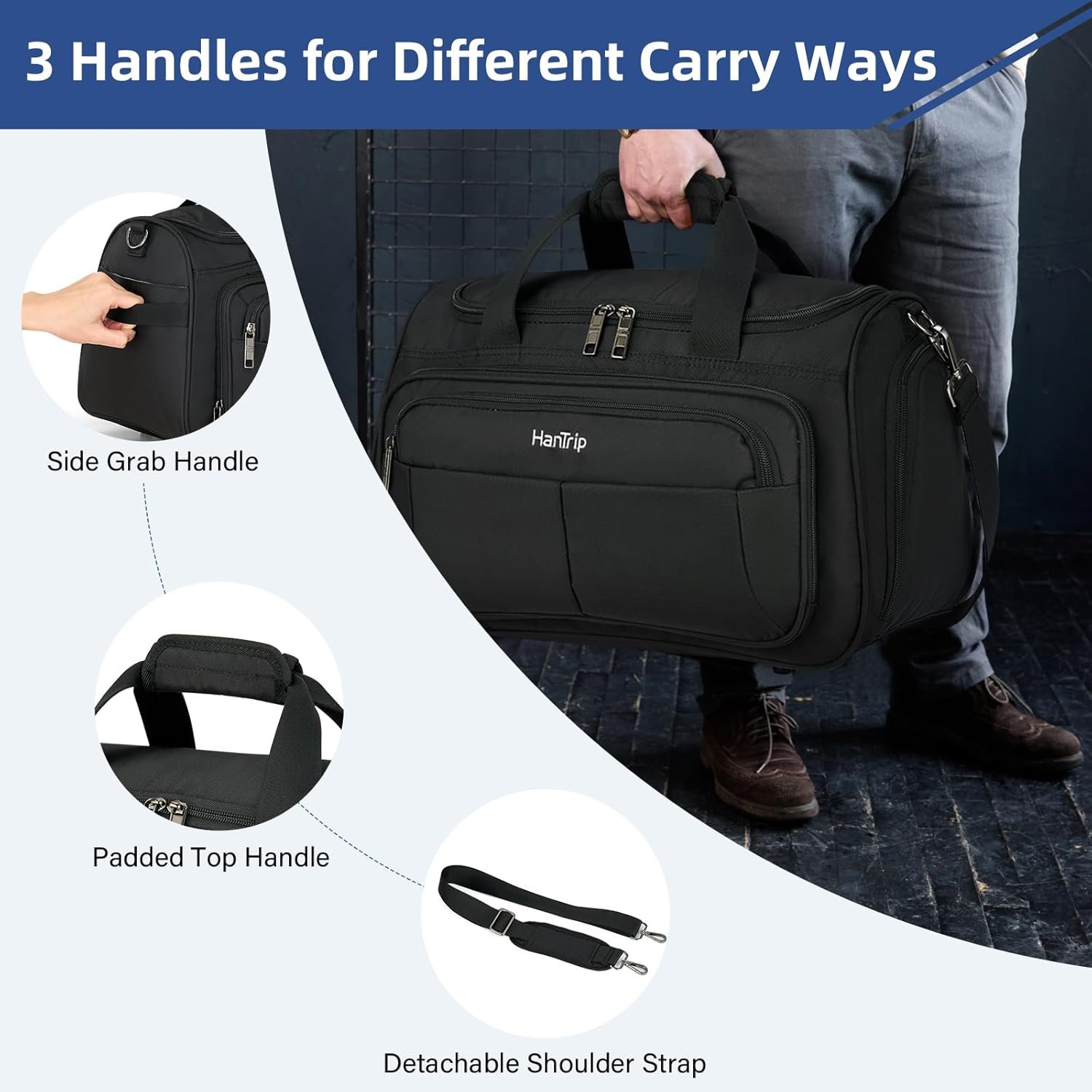 Carry on Duffel Bag Foldable Duffle Bags for Travel, Under Seat Personal Item Bags for Airplanes, Weekender Overnight Mens Travel Tote Bag for Women Small Softside Carry on Luggage (Black) - Image 6