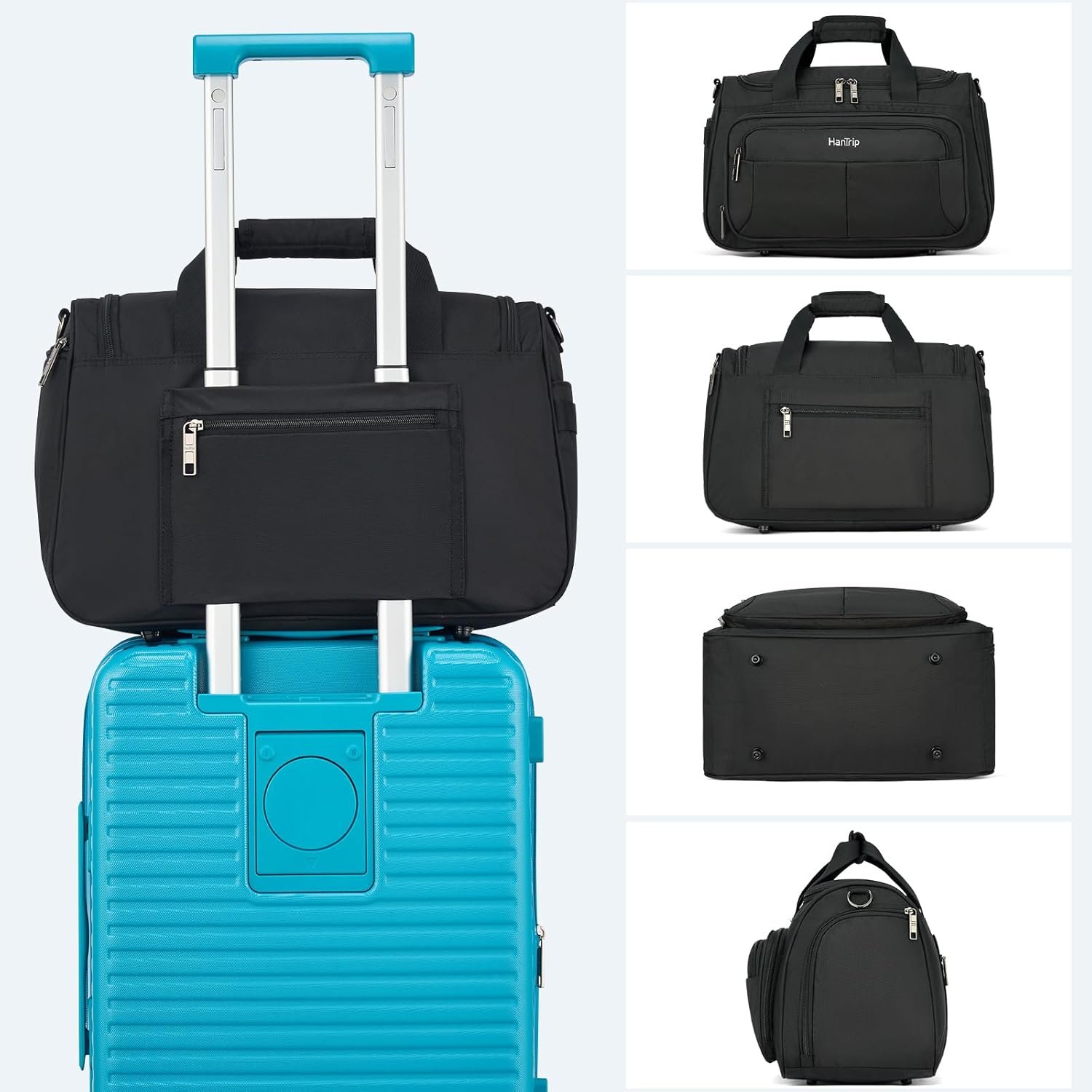 Carry on Duffel Bag Foldable Duffle Bags for Travel, Under Seat Personal Item Bags for Airplanes, Weekender Overnight Mens Travel Tote Bag for Women Small Softside Carry on Luggage (Black) - Image 9