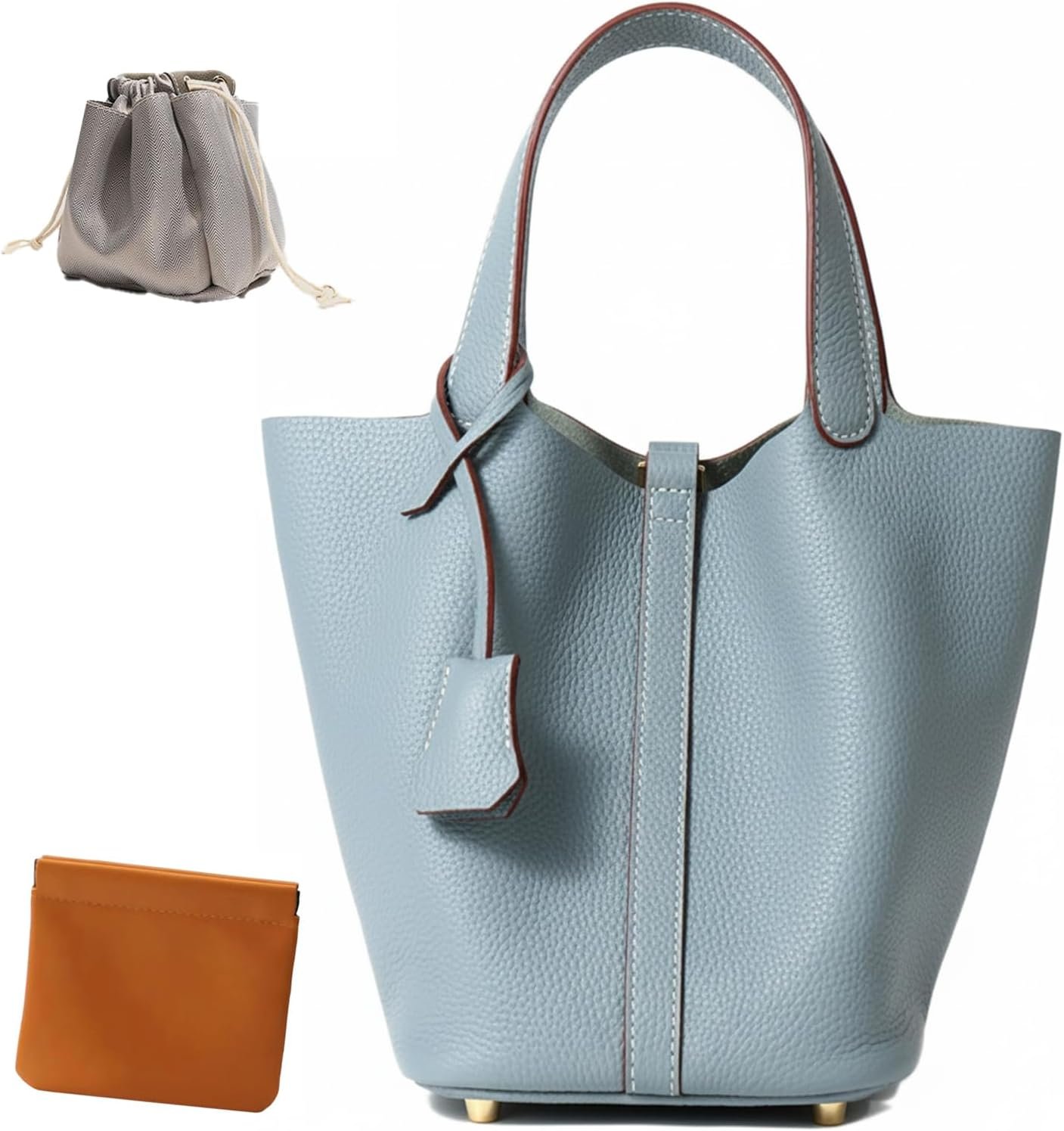 Genuine Leather Lock Design Bucket Bag Vegetable Basket, Fashionable and Versatile Satchel Handbag