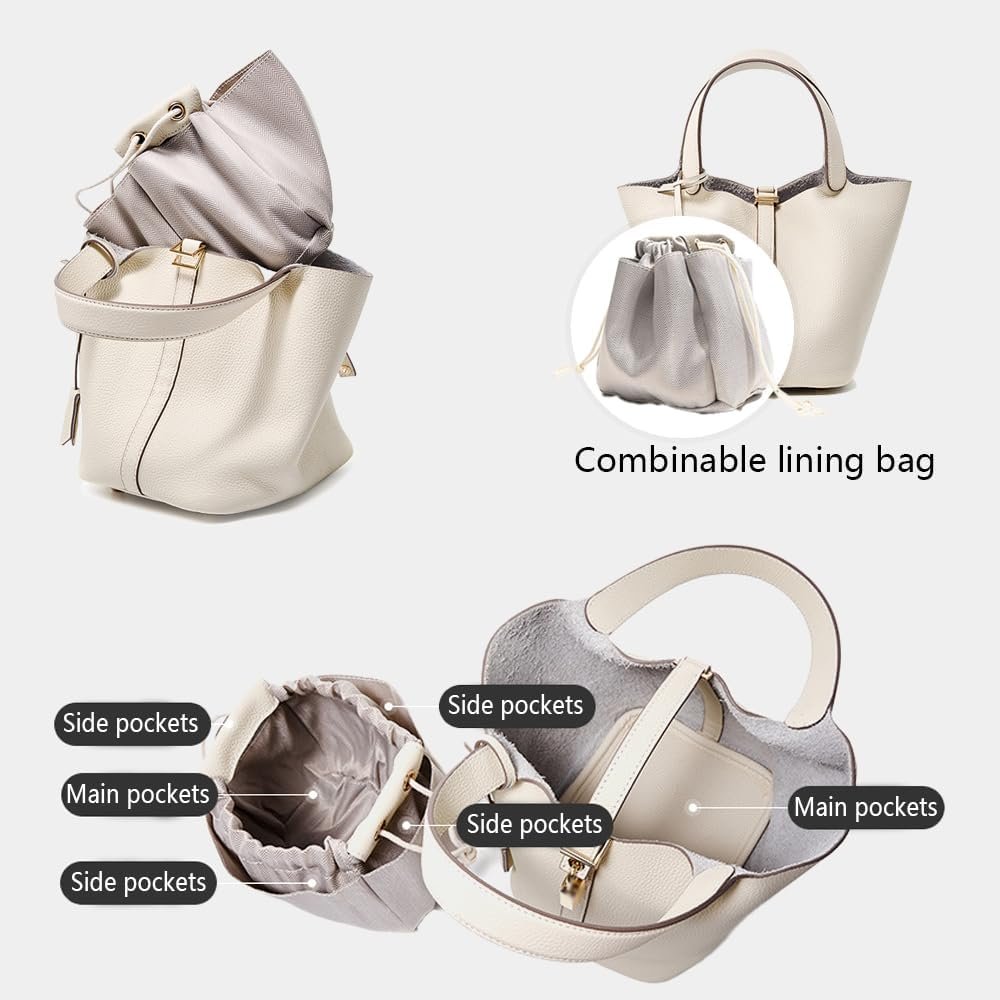 Genuine Leather Lock Design Bucket Bag Vegetable Basket, Fashionable and Versatile Satchel Handbag - Image 2
