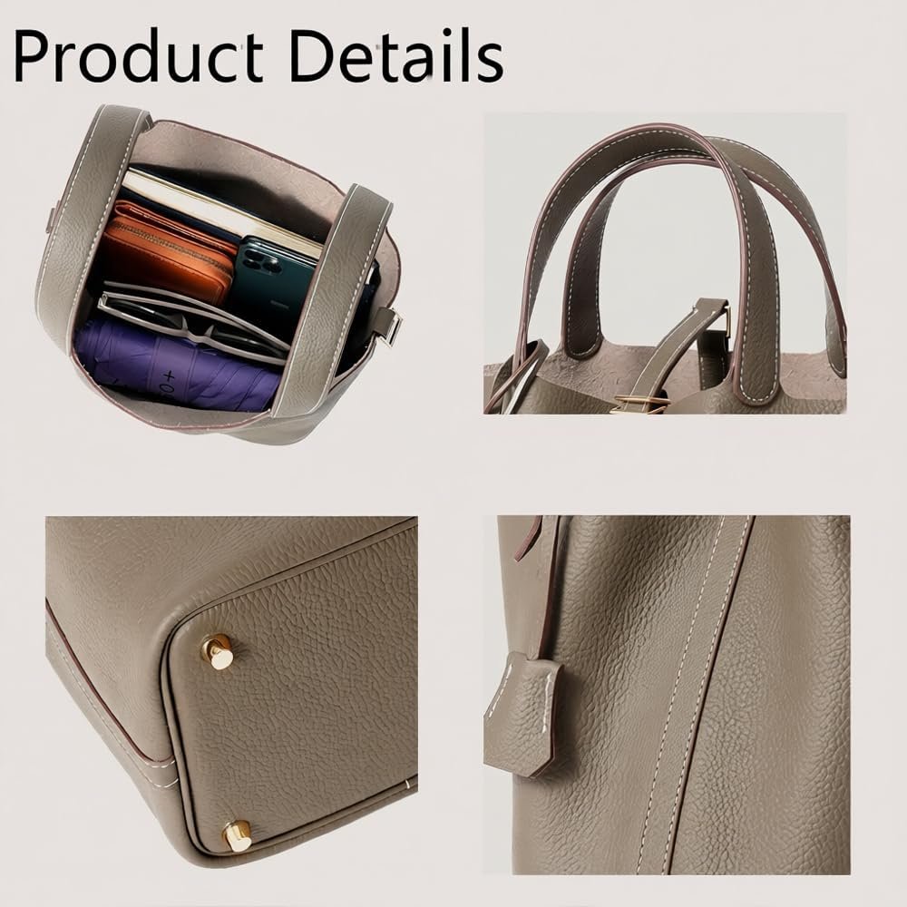 Genuine Leather Lock Design Bucket Bag Vegetable Basket, Fashionable and Versatile Satchel Handbag - Image 3
