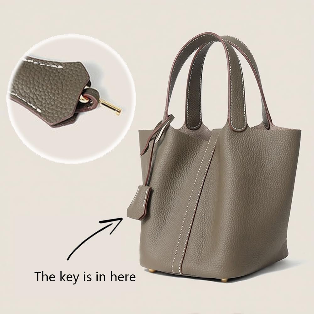 Genuine Leather Lock Design Bucket Bag Vegetable Basket, Fashionable and Versatile Satchel Handbag - Image 4