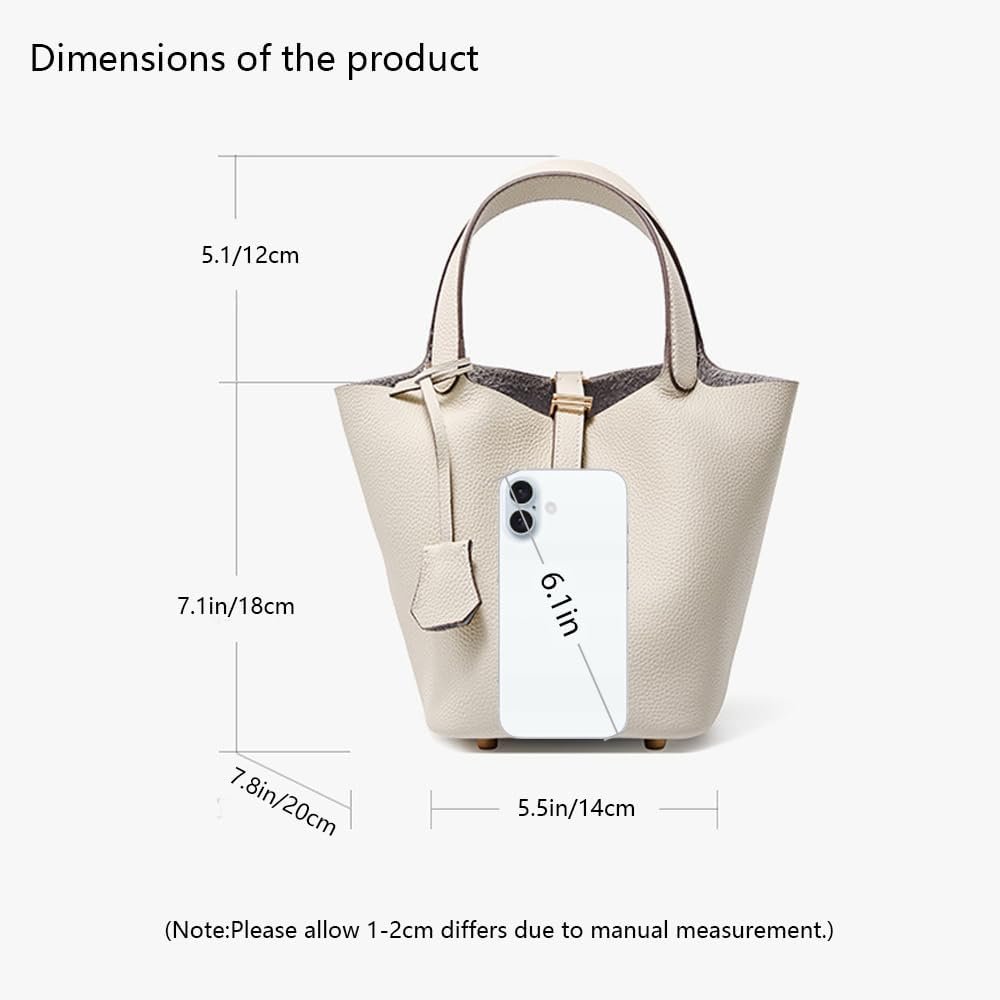 Genuine Leather Lock Design Bucket Bag Vegetable Basket, Fashionable and Versatile Satchel Handbag - Image 5
