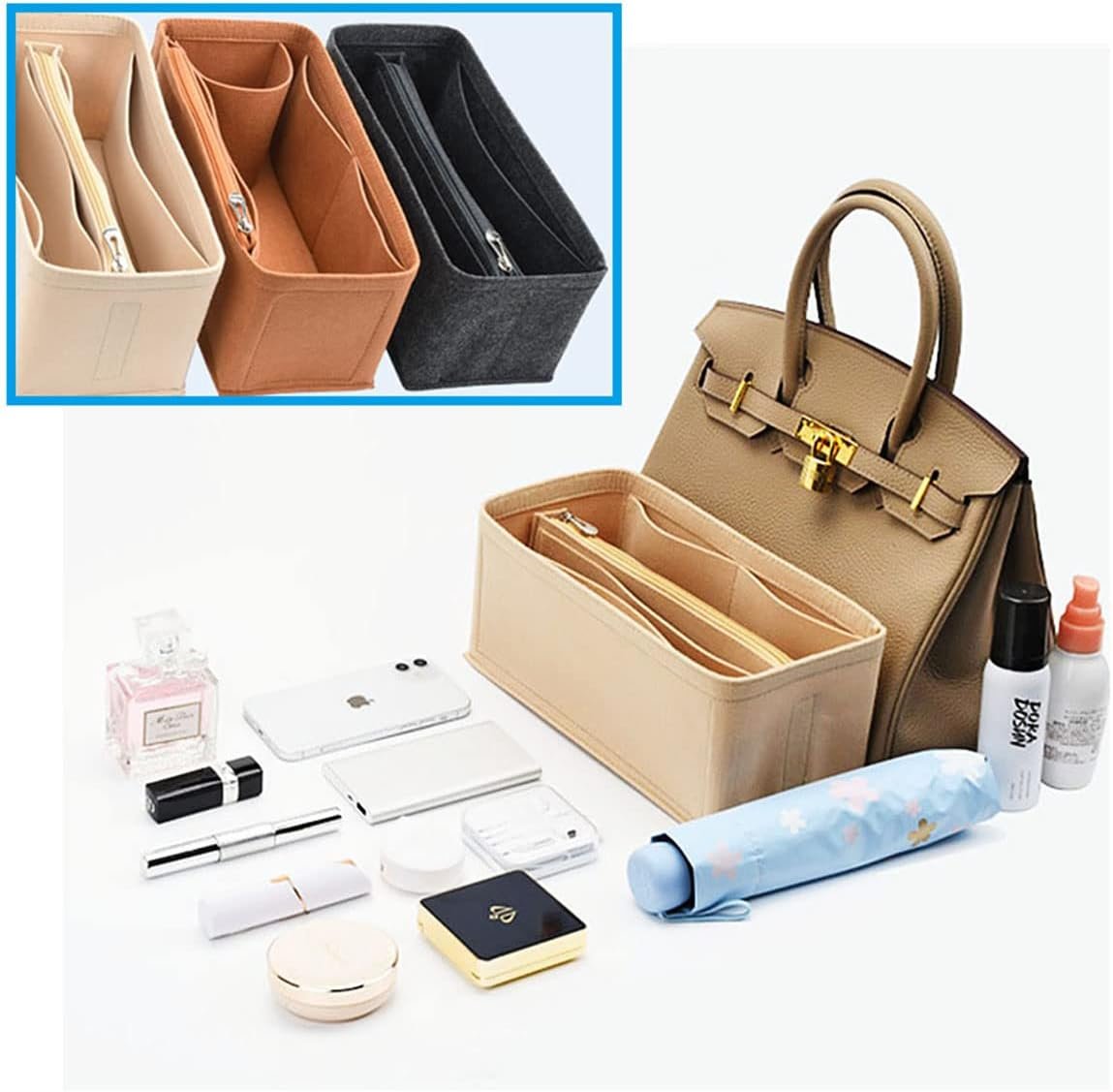 Lckaey Purse Organizer insert for birkin 35 bag organizer Tote Bag insert1099camel-L - Image 6