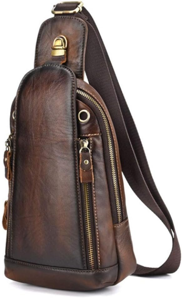 Hebetag Leather Sling Bag Crossbody Backpack for Men Women Outdoor Travel Camping Hiking Shoulder Chest Day Pouch Casual Vintage Sling Daypack Coffee - Image 2