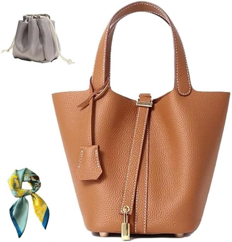 Genuine Leather Bucket Bag for Women: Lock Design Shoulder Handbag Versatile Top-Handle Tote Fashionable Vegetable Basket