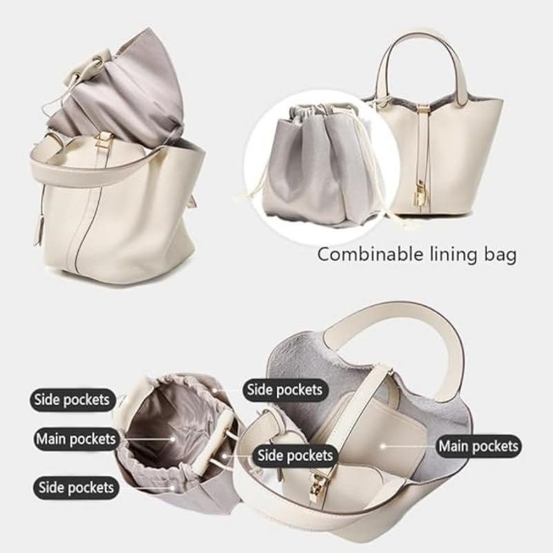 Genuine Leather Bucket Bag for Women: Lock Design Shoulder Handbag Versatile Top-Handle Tote Fashionable Vegetable Basket - Image 4