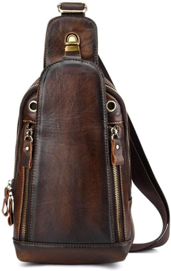 Hebetag Leather Sling Bag Crossbody Backpack for Men Women Outdoor Travel Camping Hiking Shoulder Chest Day Pouch Casual Vintage Sling Daypack Coffee